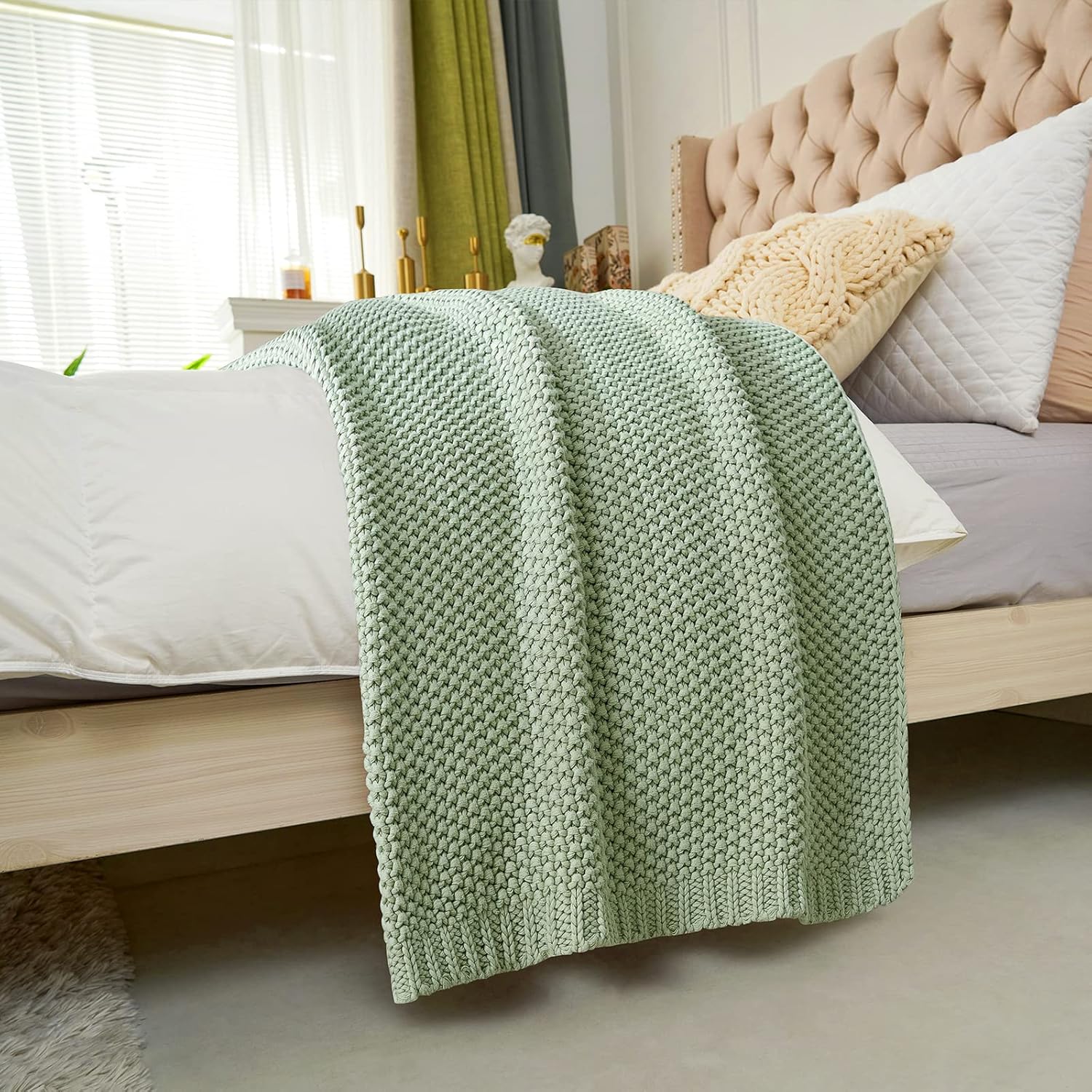 Manta de punto trenzado grueso, ligera, color verde claro, 100% algodón orgánico, para sofá, cama, guardería, rústico, shabby chic, casa de campo