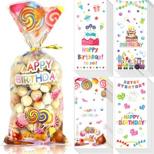 Paquete de 100 bolsas de celofán de cumpleaños para baby shower, bolsas de regalo con 100 lazos dorados para cumpleaños, baby showers, suministros Paquete de 100 bolsas de celofán de cumpleaños para baby shower, bolsas de regalo con 100 lazos dorados para cumpleaños, baby showers, suministros