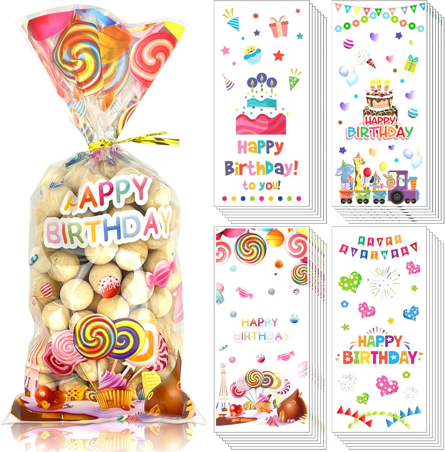 Paquete de 100 bolsas de celofán de cumpleaños para baby shower, bolsas de regalo con 100 lazos dorados para cumpleaños, baby showers, suministros