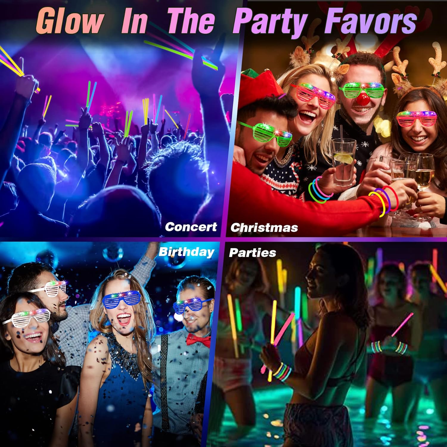 115 piezas de suministros de fiesta que brillan en la oscuridad, 100 collares verdes brillantes a granel, 15 lentes LED para el 4 de julio, juguete