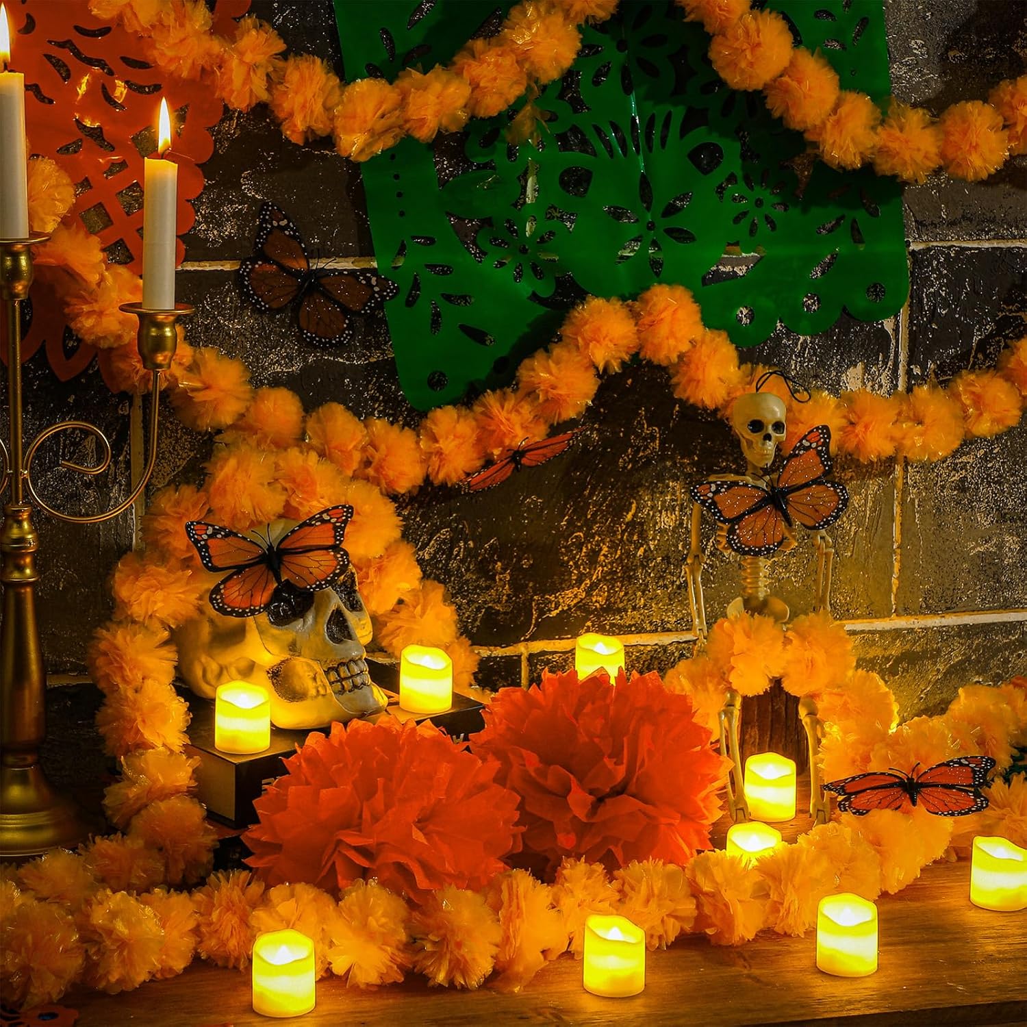 46 piezas de decoración Día de los Muertos Día de los Muertos incluye 4 guirnaldas de caléndula 12 velas sin llama, 2 piezas de pancarta mexicana,