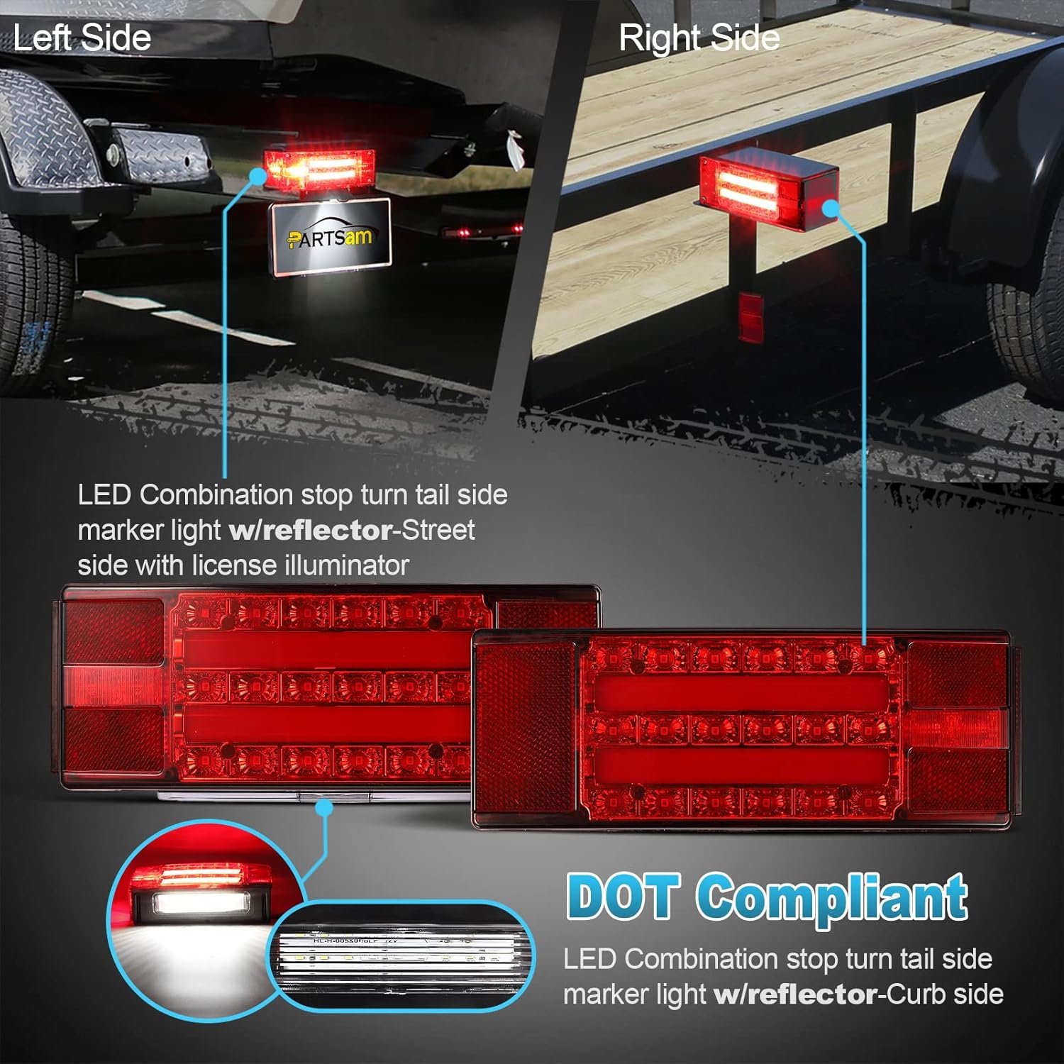 Partsam Luces traseras rectangulares de perfil bajo para remolque, luces traseras sumergibles para remolque, barco, remolque, parada, freno, cola de