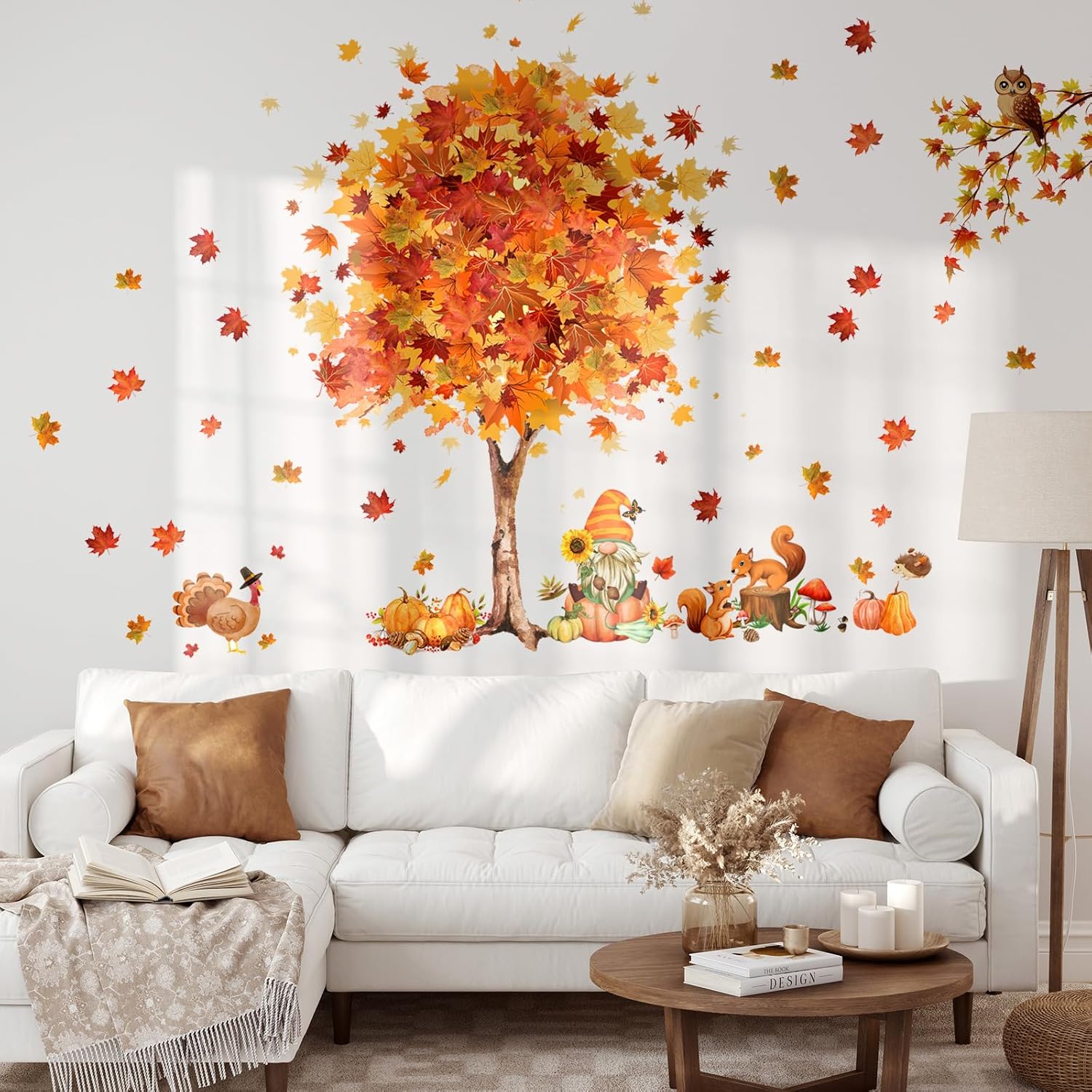 Calcomanías de pared de árbol de Acción de Gracias de gran tamaño, calcomanías de pared de hojas de arce, cosecha de otoño, calabaza, árbol,