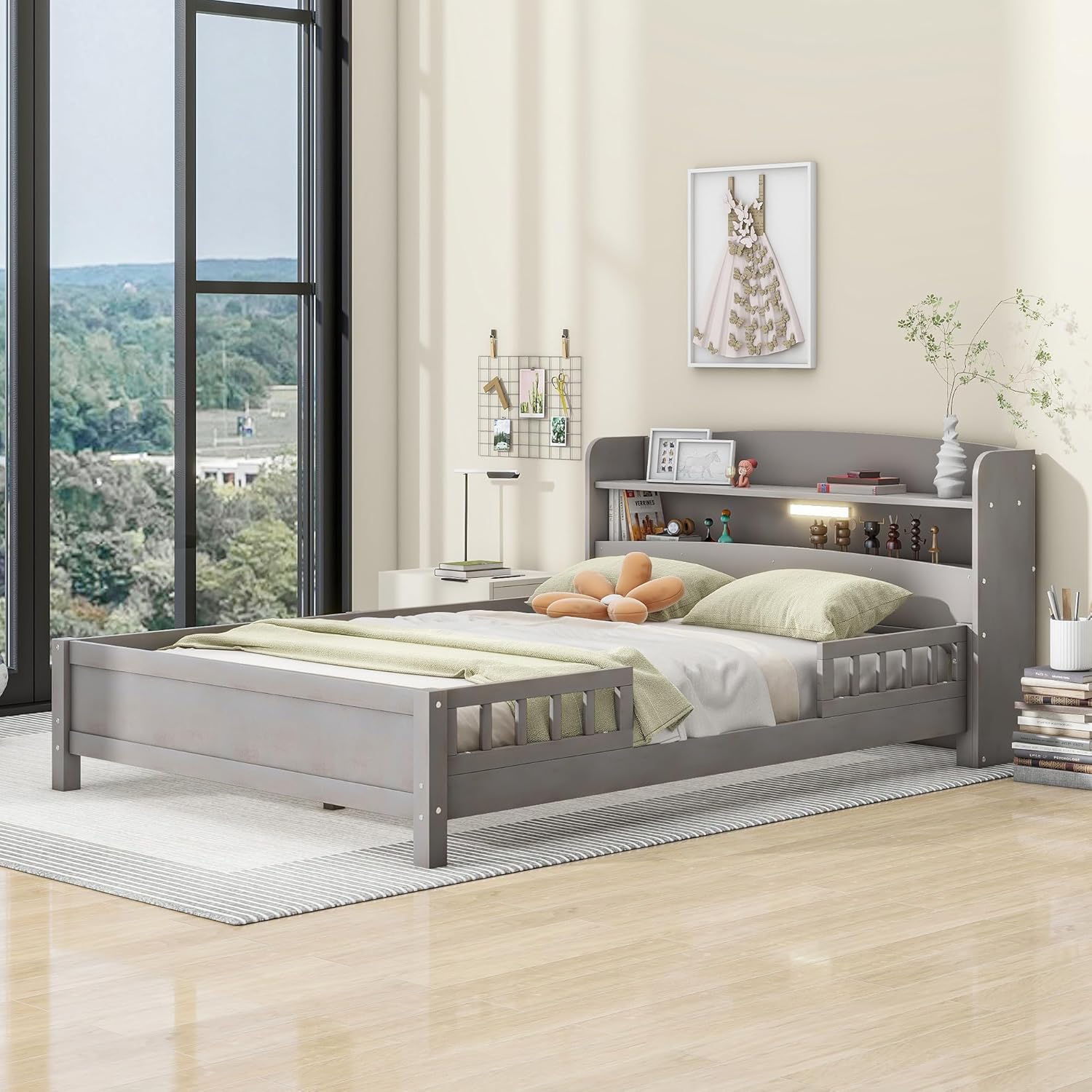 Harper & Bright Designs Cama de plataforma de tamaño matrimonial con cabecera de almacenamiento, luz LED integrada y barandilla, marco de cama