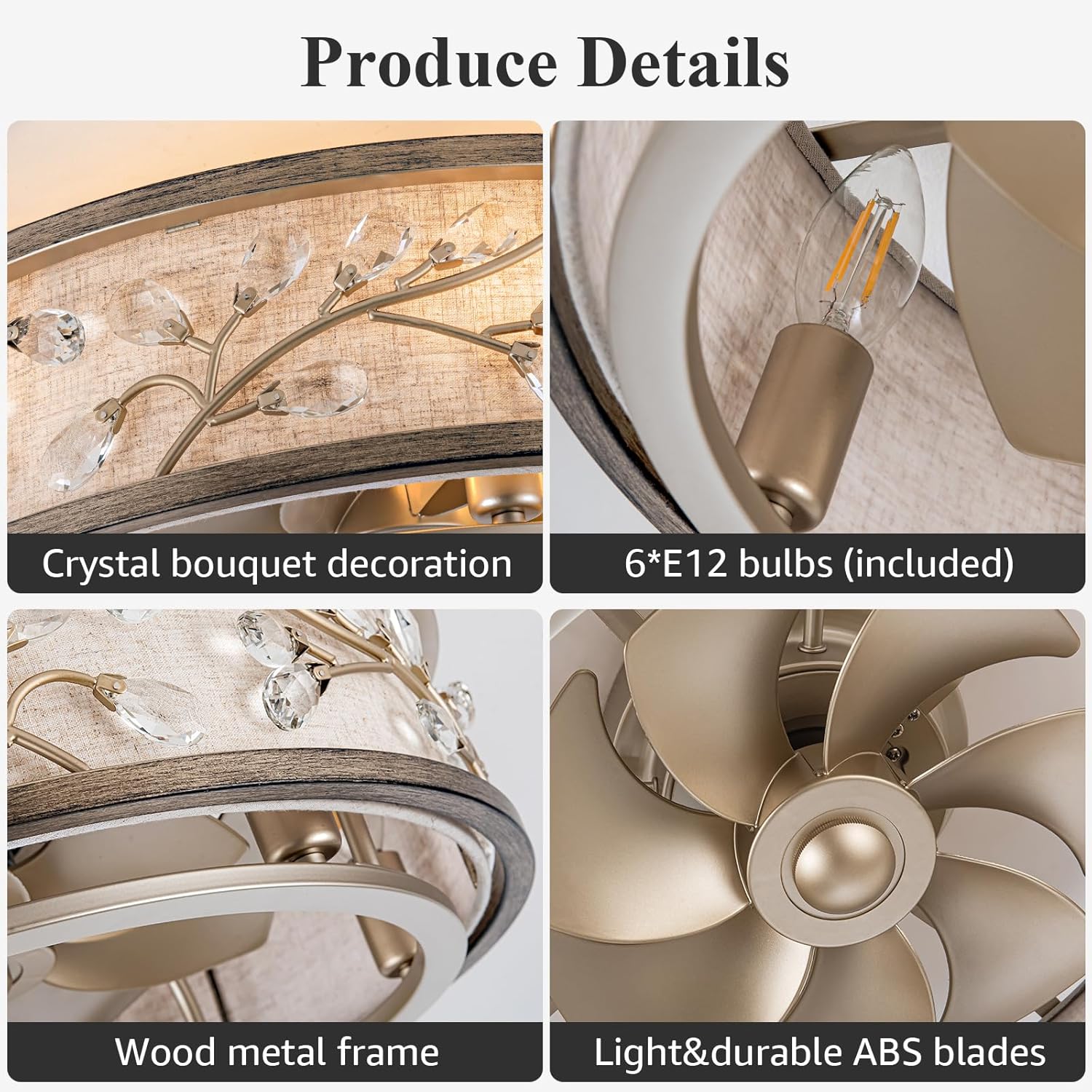 WWM Ventilador de techo enjaulado de montaje empotrado con luz y control remoto, ventiladores de techo de perfil bajo de cristal de 20 pulgadas con