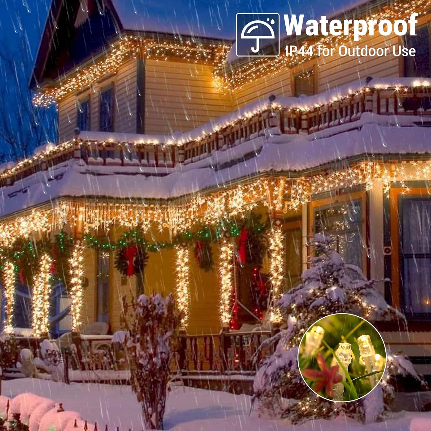 Toodour Guirnalda de 432 luces LED de 35.4 pies con 72 gotas, luces de hadas parpadeantes para Navidad, fiestas, vacaciones, color blanco cálido