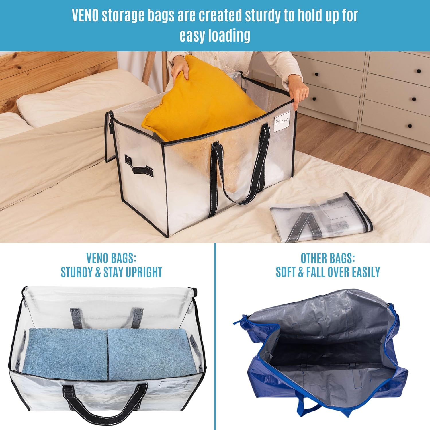 VENO Paquete de 2 bolsas de mudanza extra grandes de alta resistencia artículos esenciales para dormitorio universitario, organizador de