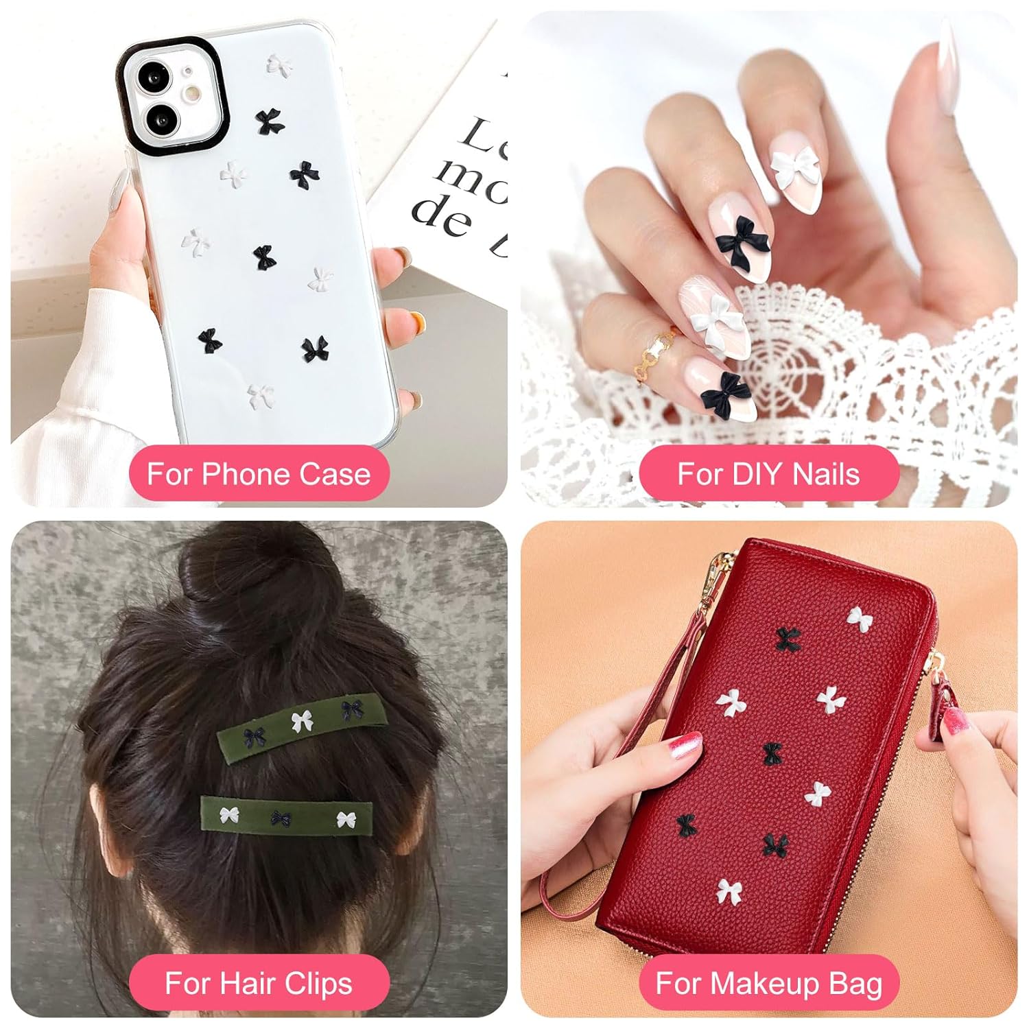 HINZIC 280 lazos de uñas 3D, lazo blanco y negro, lindo dije de mariposa de resina, perlas acrílicas para uñas, diamantes de imitación, decoración