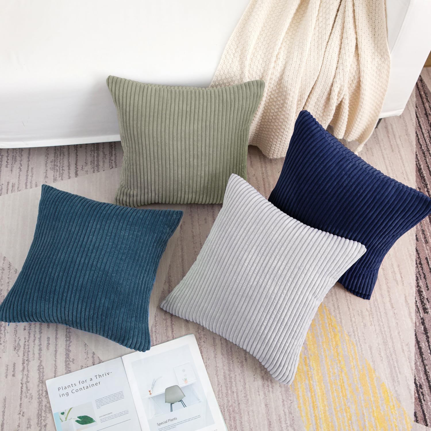Softalker Juego de 4 fundas de almohada de pana suave a rayas sólidas, 18 x 18 pulgadas, decoración moderna para sofá, dormitorio, sala de estar