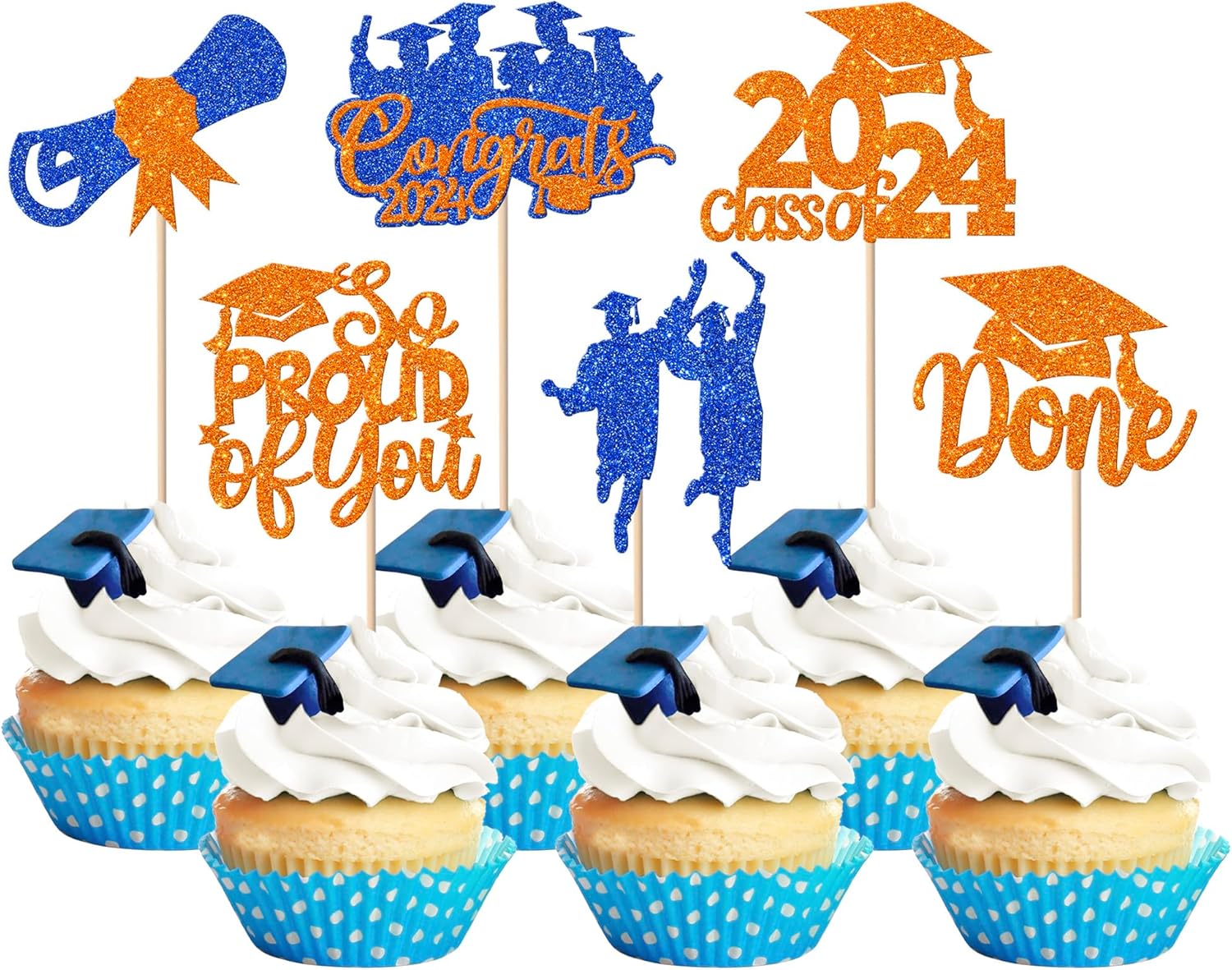 Paquete de 24 adornos para cupcakes Class of 2024 con purpurina Felicidades 2024 Done Diploma Cupcake Picks for So Proud of You 2024 – Decoraciones