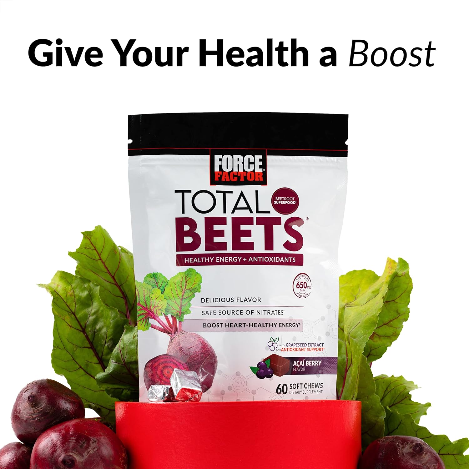 Force Factor Total Beets – Masticables suaves con remolacha, nitratos, L-citrulina, extracto de semilla de uva y antioxidantes, suplemento