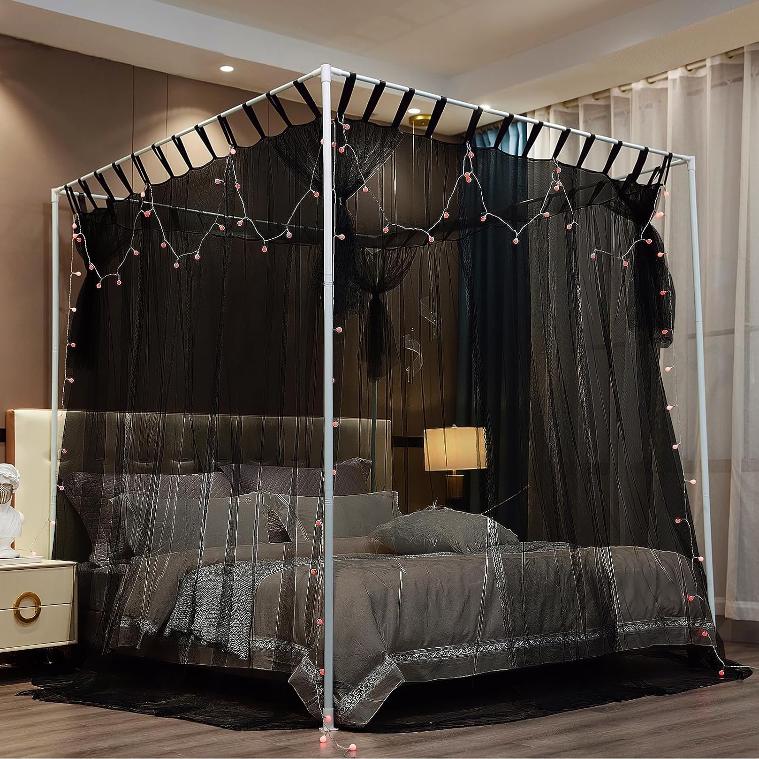 Cortina de 4 esquinas con poste para cama, toldo de mosquitera, para cama Queen y King, elegantes cortinas de cama para niñas y adultos, decoración