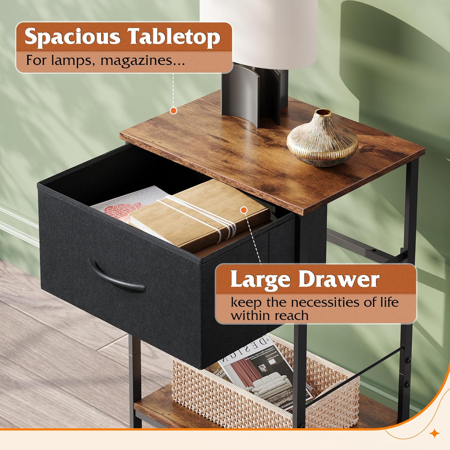 WLIVE Mesita de noche, mesa auxiliar con cajón de almacenamiento de tela y estante de madera abierto, muebles de noche con marco de acero, mesa