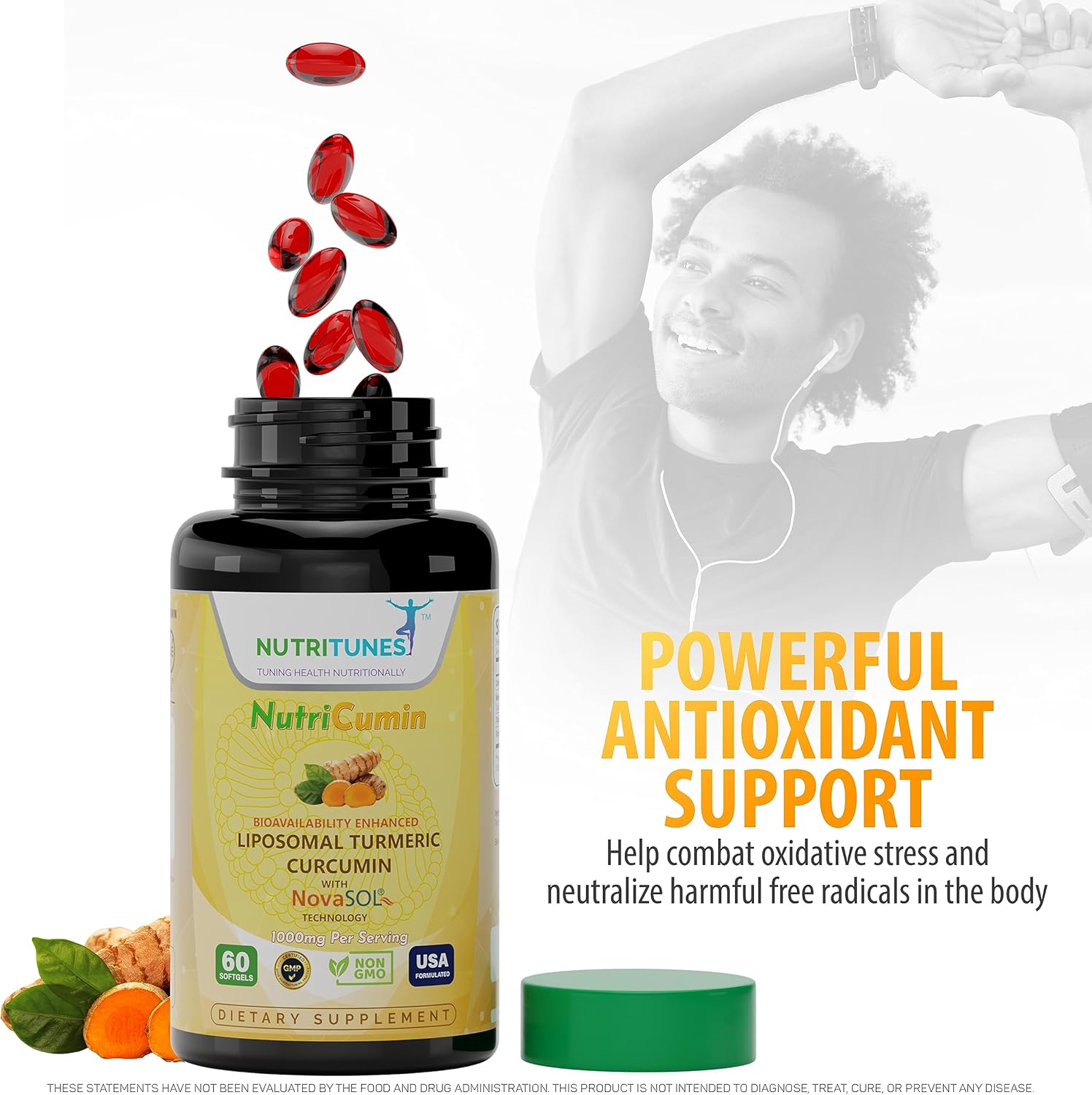 NutriCumin 1000mg Curcumina de cúrcuma liposomal con NovaSOL (60 cápsulas blandas)  para la salud de las articulaciones, sin OMG, certificado GMP y
