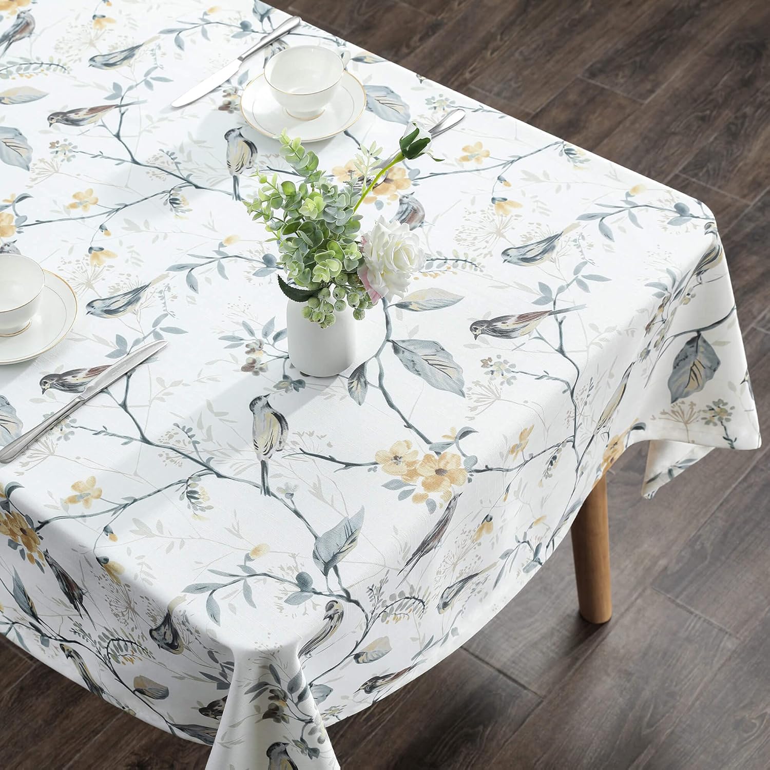 VOGOL Manteles de primavera y verano, sin arrugas, antidecoloración, mantel rectangular de lino con pájaros grises y flores para cocina, comedor,