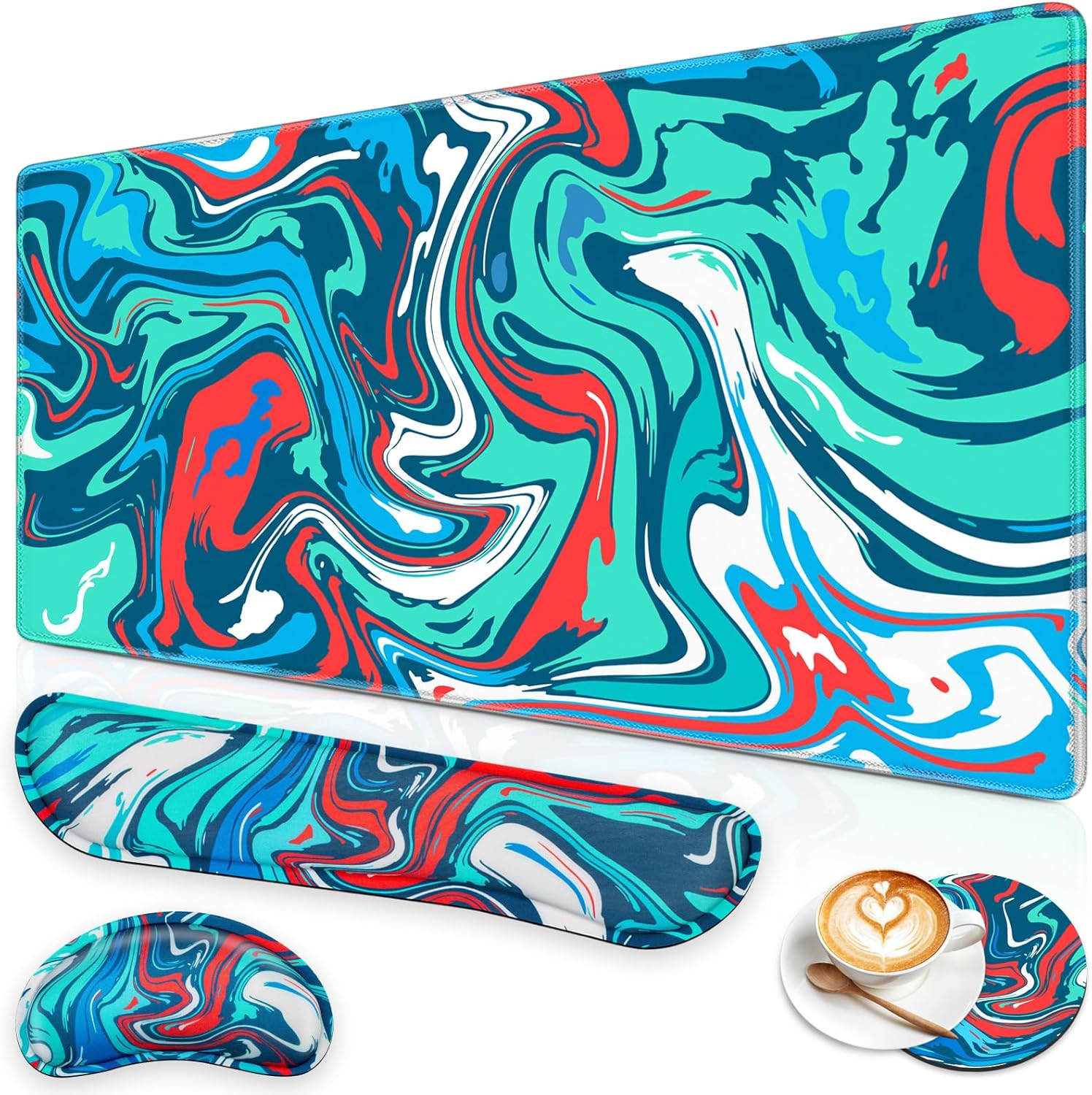 Canjoy Juego de alfombrillas de mouse para juegos, 4 en 1 XXL grande + reposamuñecas para teclado + posavasos (35.4 x 15.7 pulgadas), almohadilla de