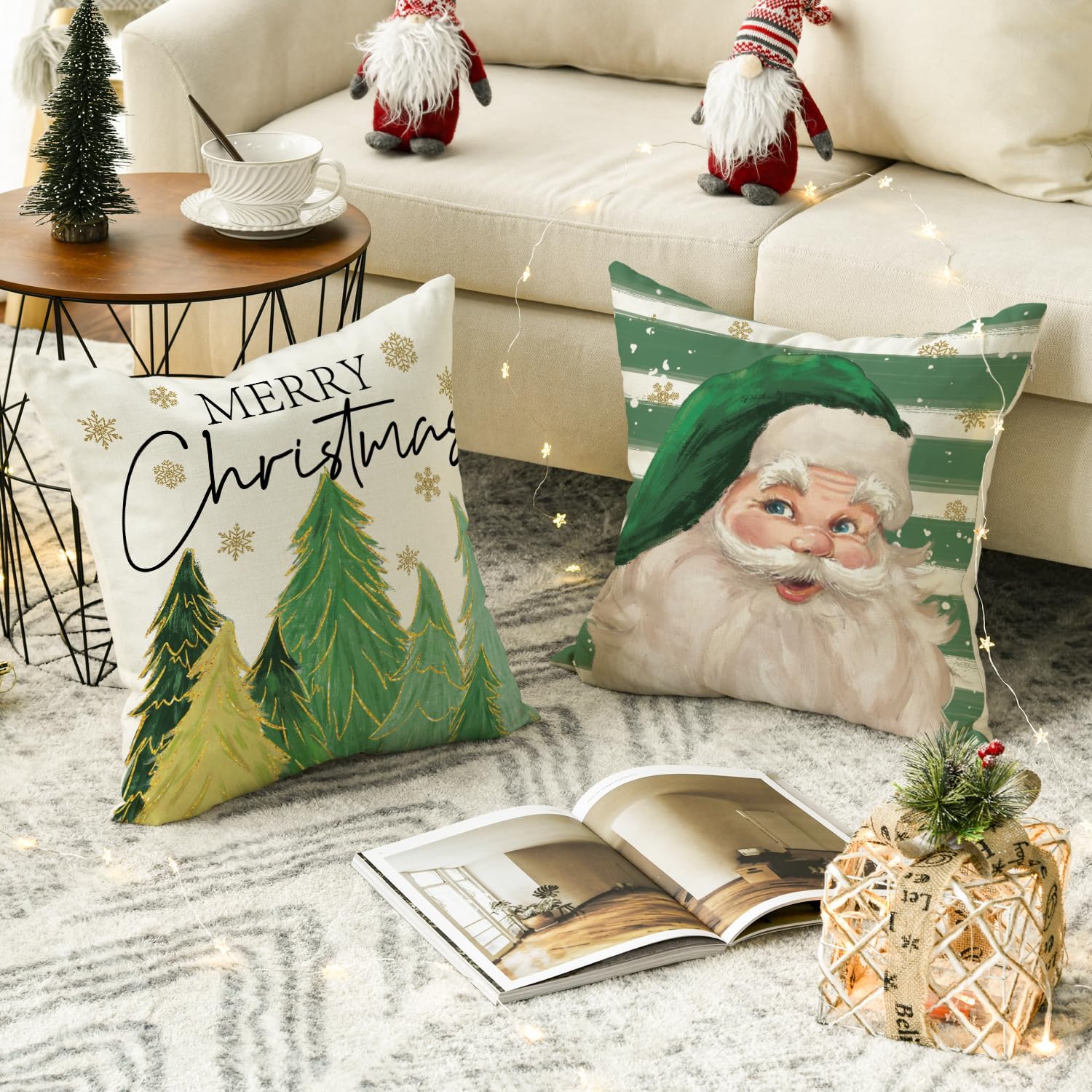 AVOIN colorlife Juego de 4 fundas de almohada con diseño de árbol de Navidad de Papá Noel, 16 x 16 pulgadas, decoración de invierno para sofá,