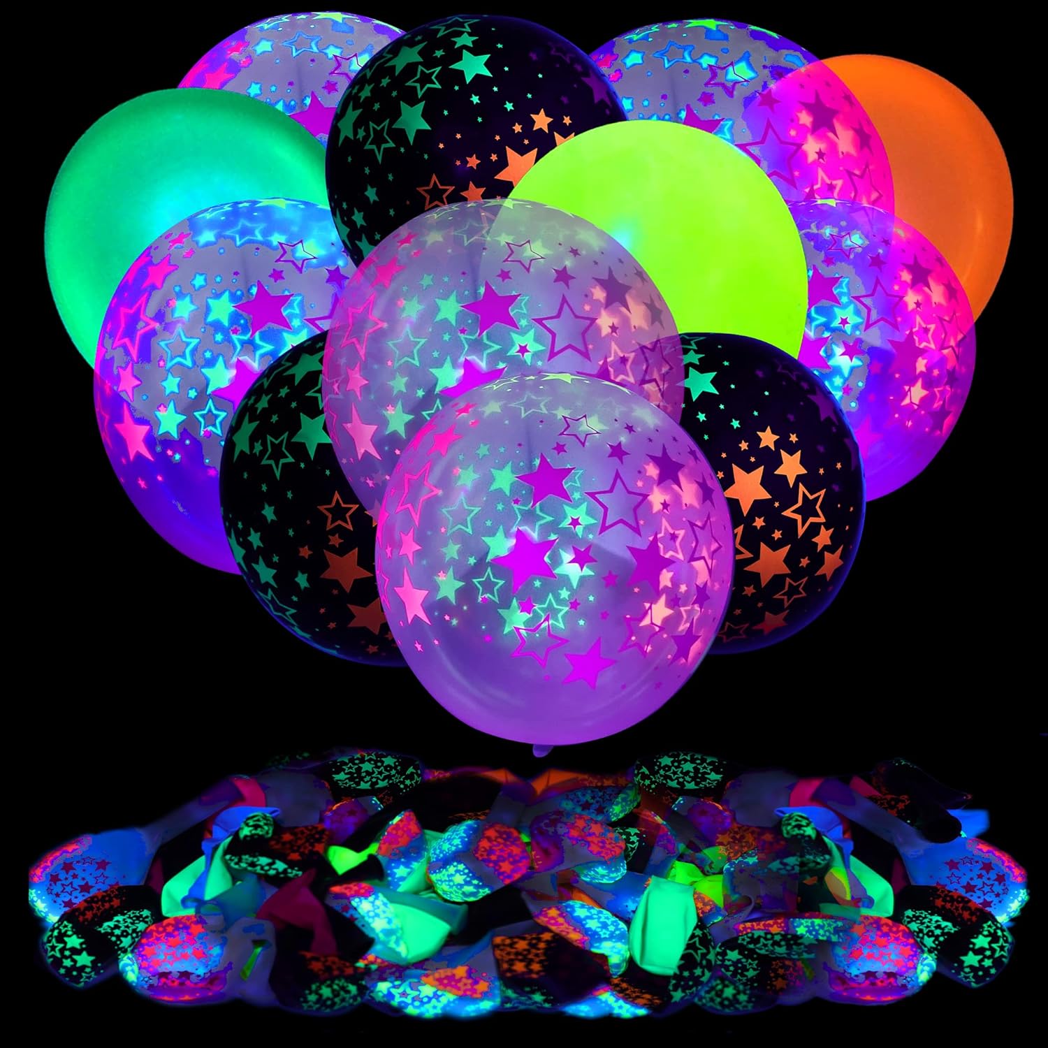 90 globos de neón UV, globos de fiesta con estrellas de neón, globos de luz negra UV que brillan en la oscuridad para decoraciones de cumpleaños,