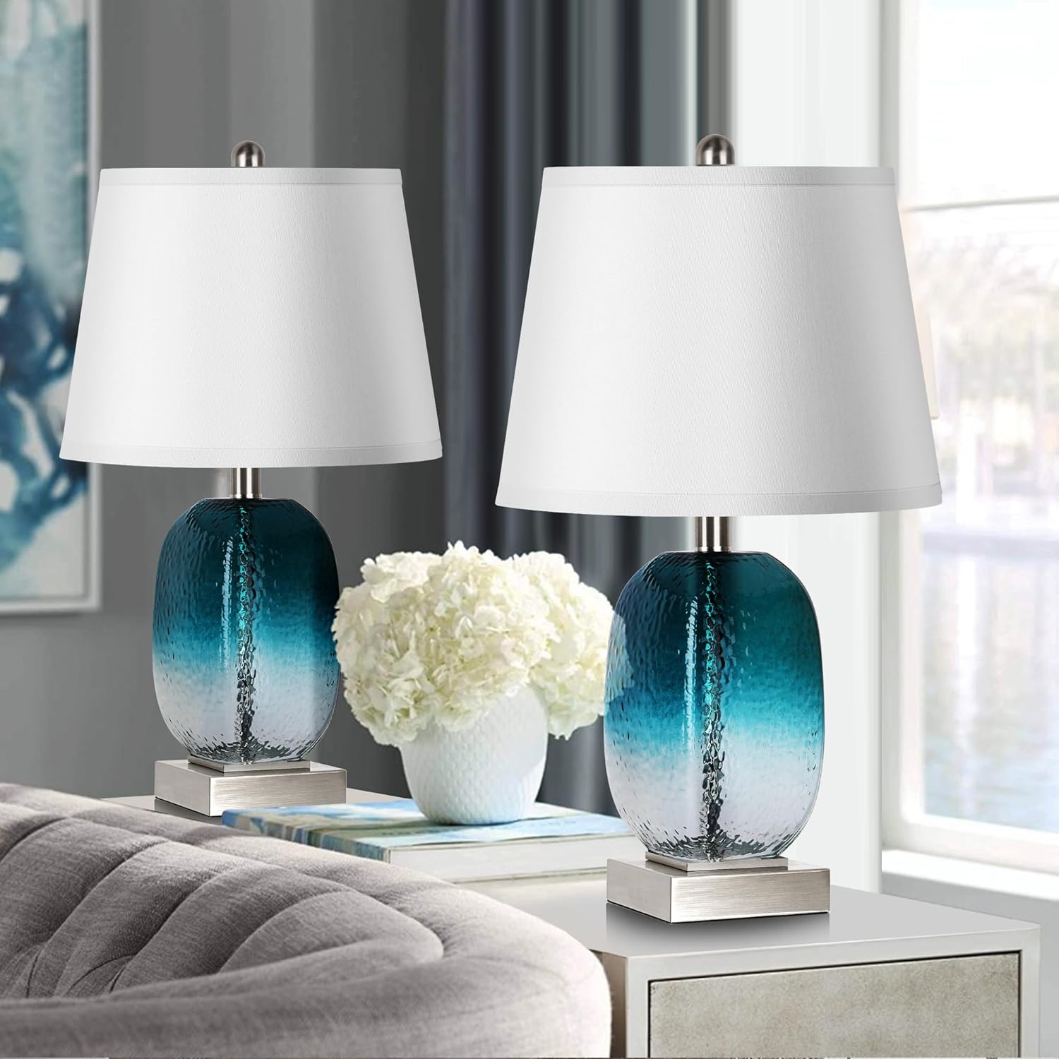 Juego de 2 lámparas de mesa con control táctil, moderna lámpara de noche de cristal verde azulado costero con 2 puertos USB, lámparas de mesa de