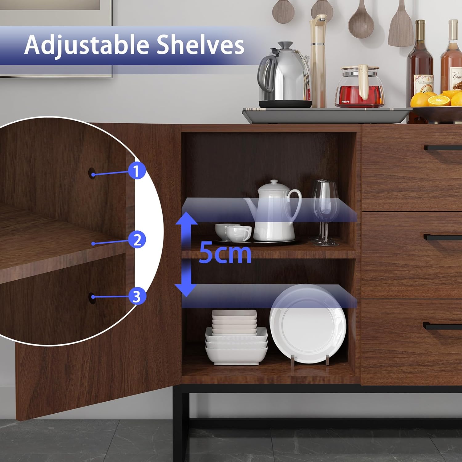 Bonzy Home Aparador buffet con 3 cajones y 2 puertas y estantes ajustables de 47 pulgadas, moderno gabinete de barra de café para sala de estar,