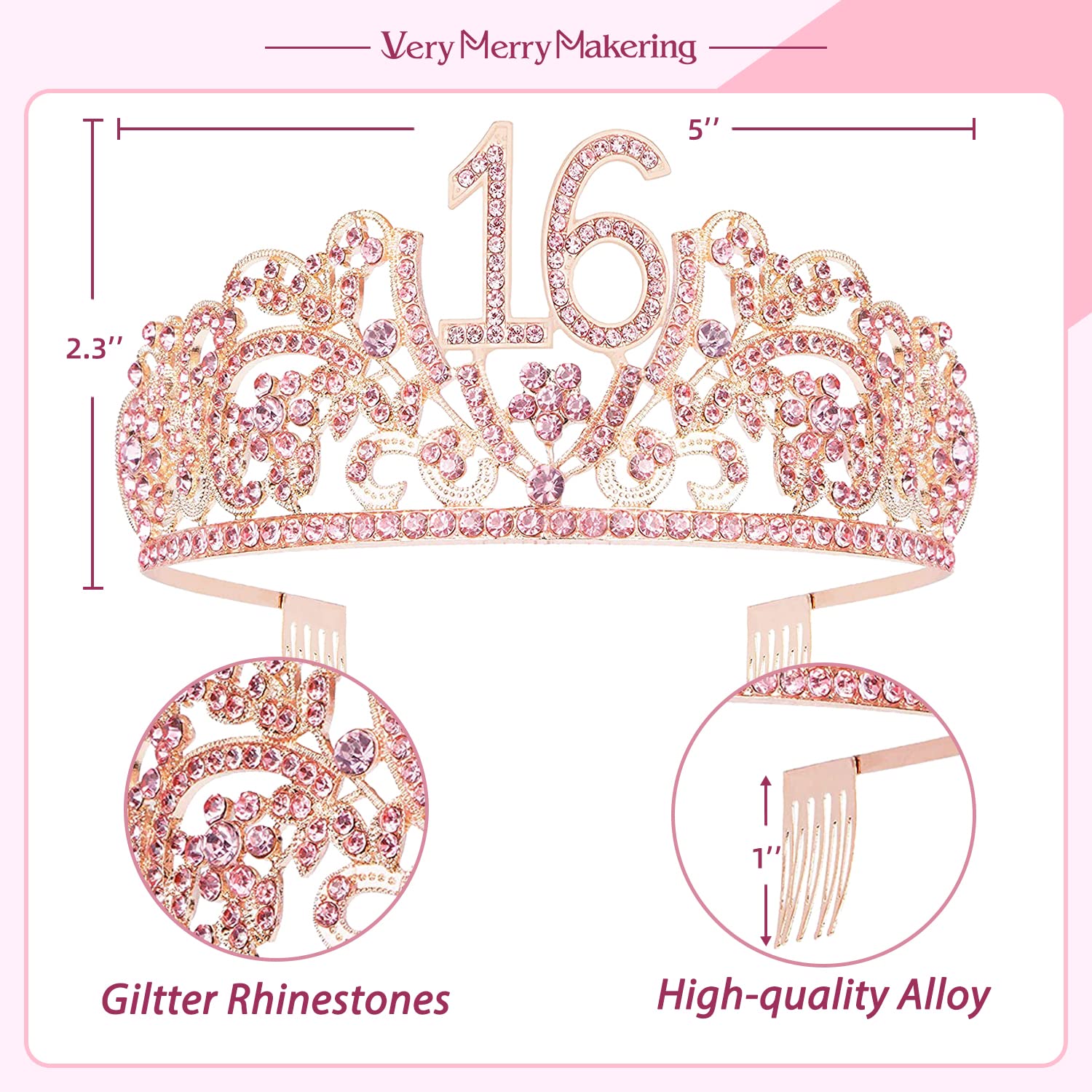 VeryMerryMakering Banda y tiara de cumpleaños número 16 para niñas, juego fabuloso banda con purpurina + flores de diamantes de imitación rosa tiara
