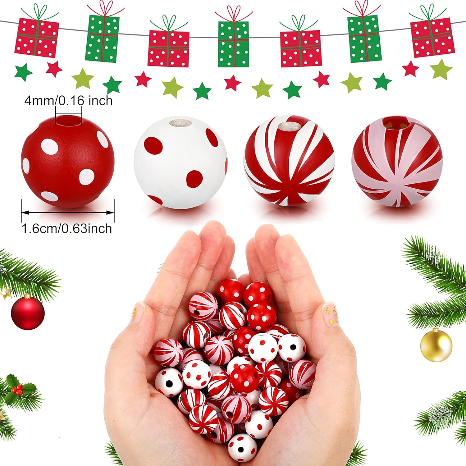100 cuentas de madera de caña de caramelo de 0.63 pulgadas de Navidad punteadas de madera de rayas coloridas redondas espaciadoras perlas naturales