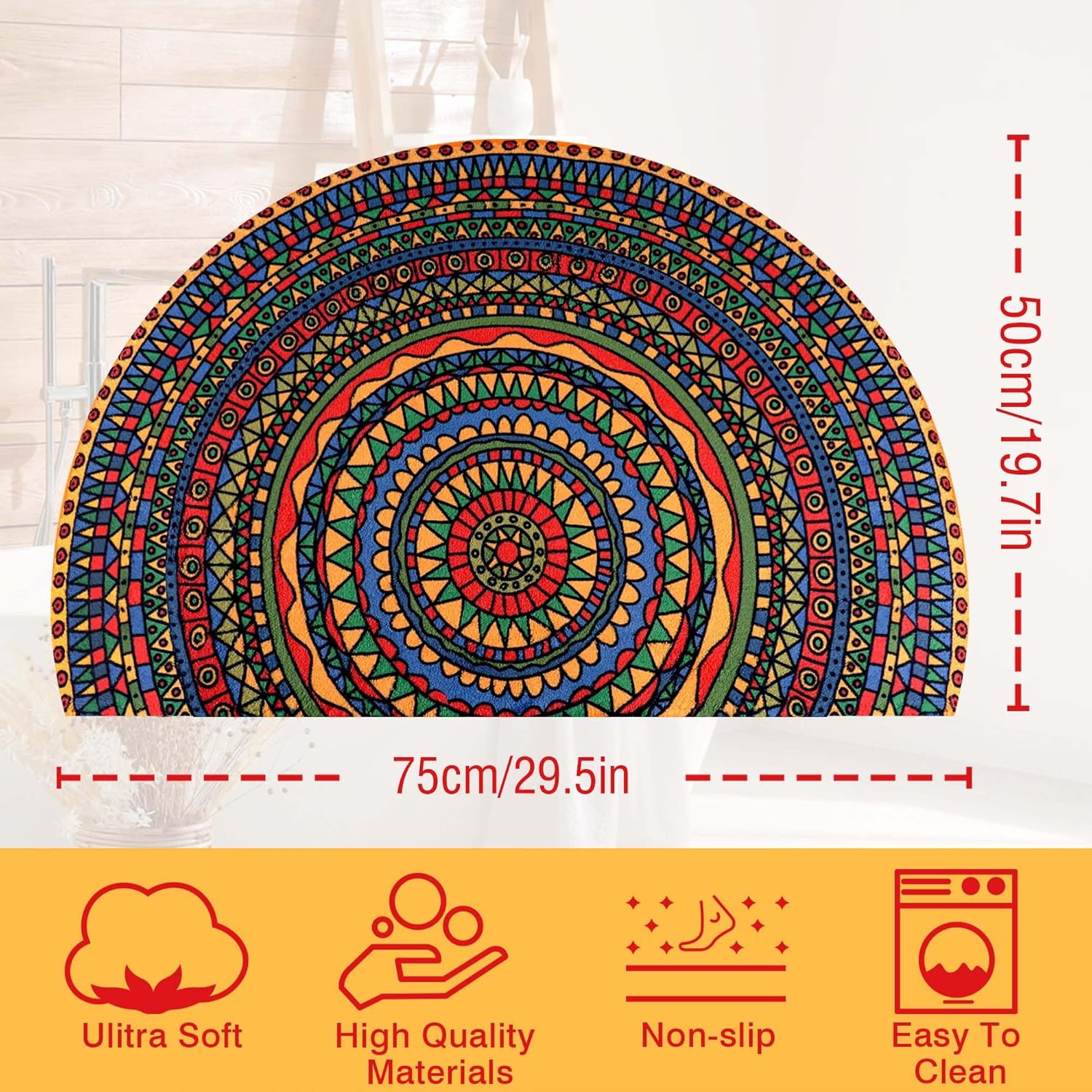 Alfombra de baño de medio círculo con mandala bohemia, tapete de baño de imitación de cachemira para baño, antideslizante, de 20 x 30 pulgadas,