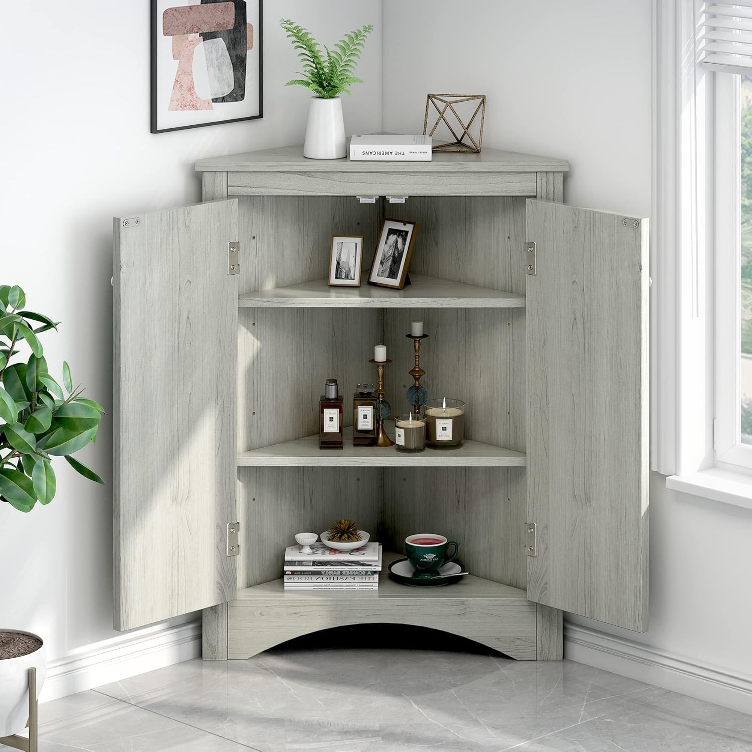 Harper & Bright Designs Armario de almacenamiento esquinero, gabinete de almacenamiento de baño independiente de 31.5 pulgadas con doble puerta y