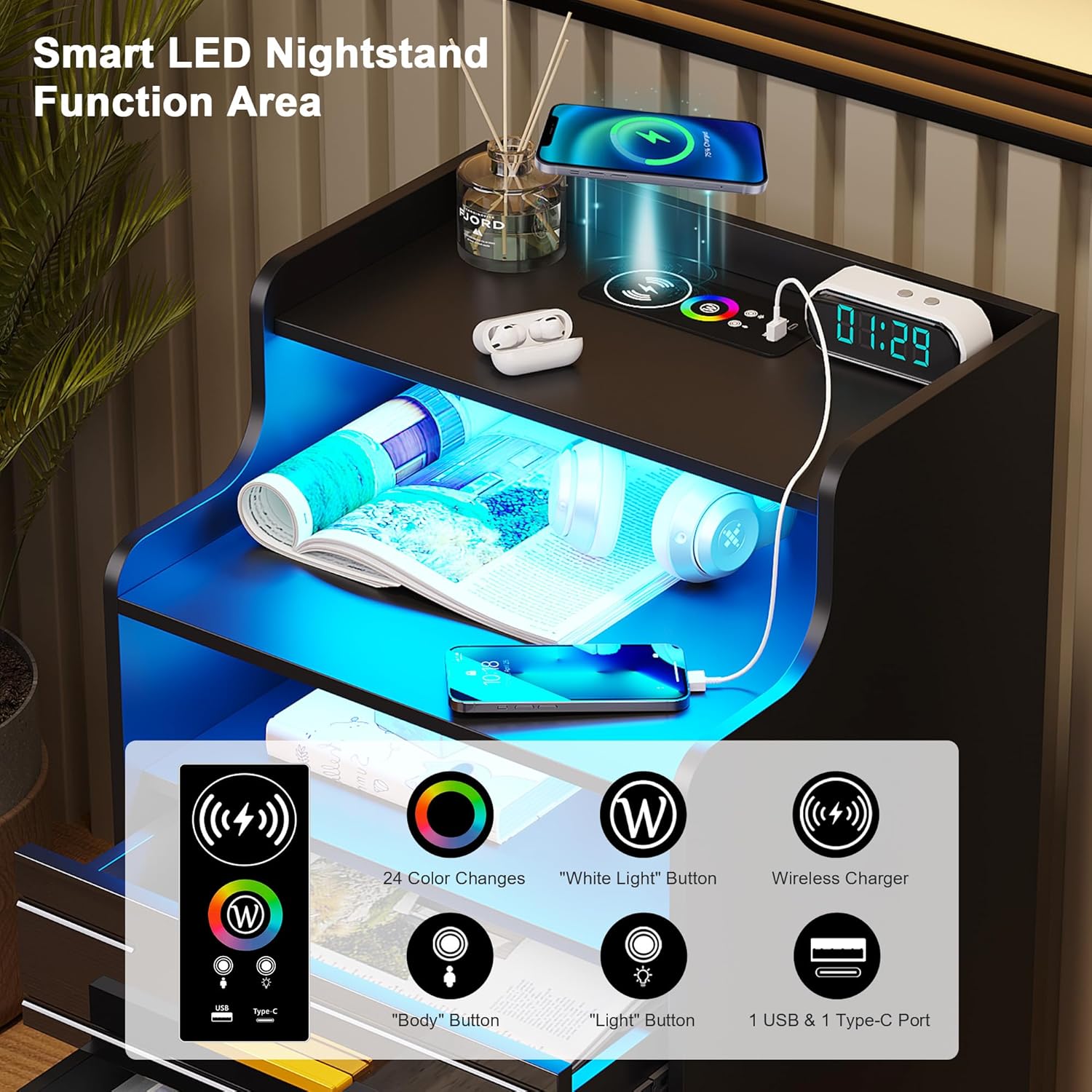 HNEBC Mesita de noche LED RGB con estación de carga, mesita de noche negra con 3 cajones, mesita de noche inteligente con puertos de carga