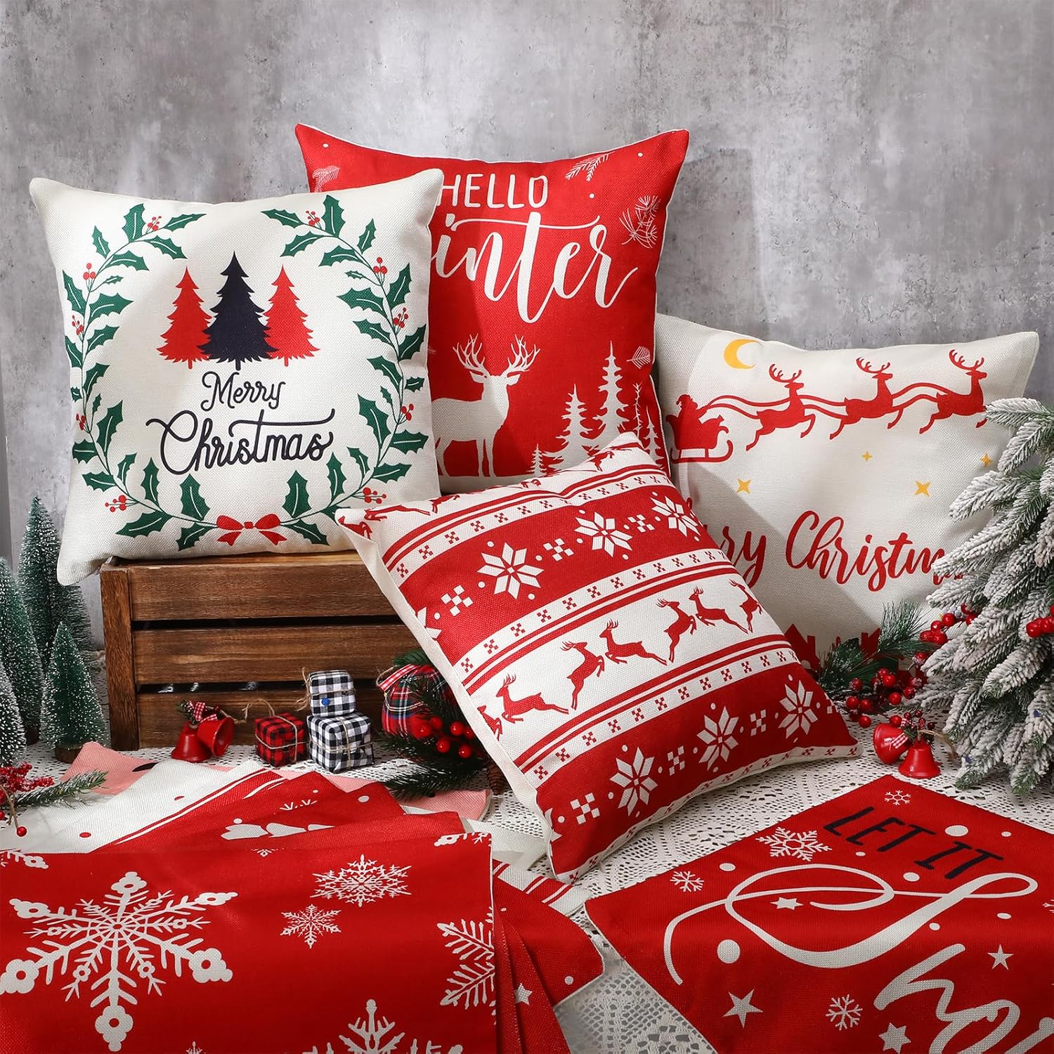 Huwena 12 fundas de almohada de Navidad de 18 x 18 pulgadas, fundas de almohada de Navidad para el hogar, decoración de árbol de Navidad, fundas de