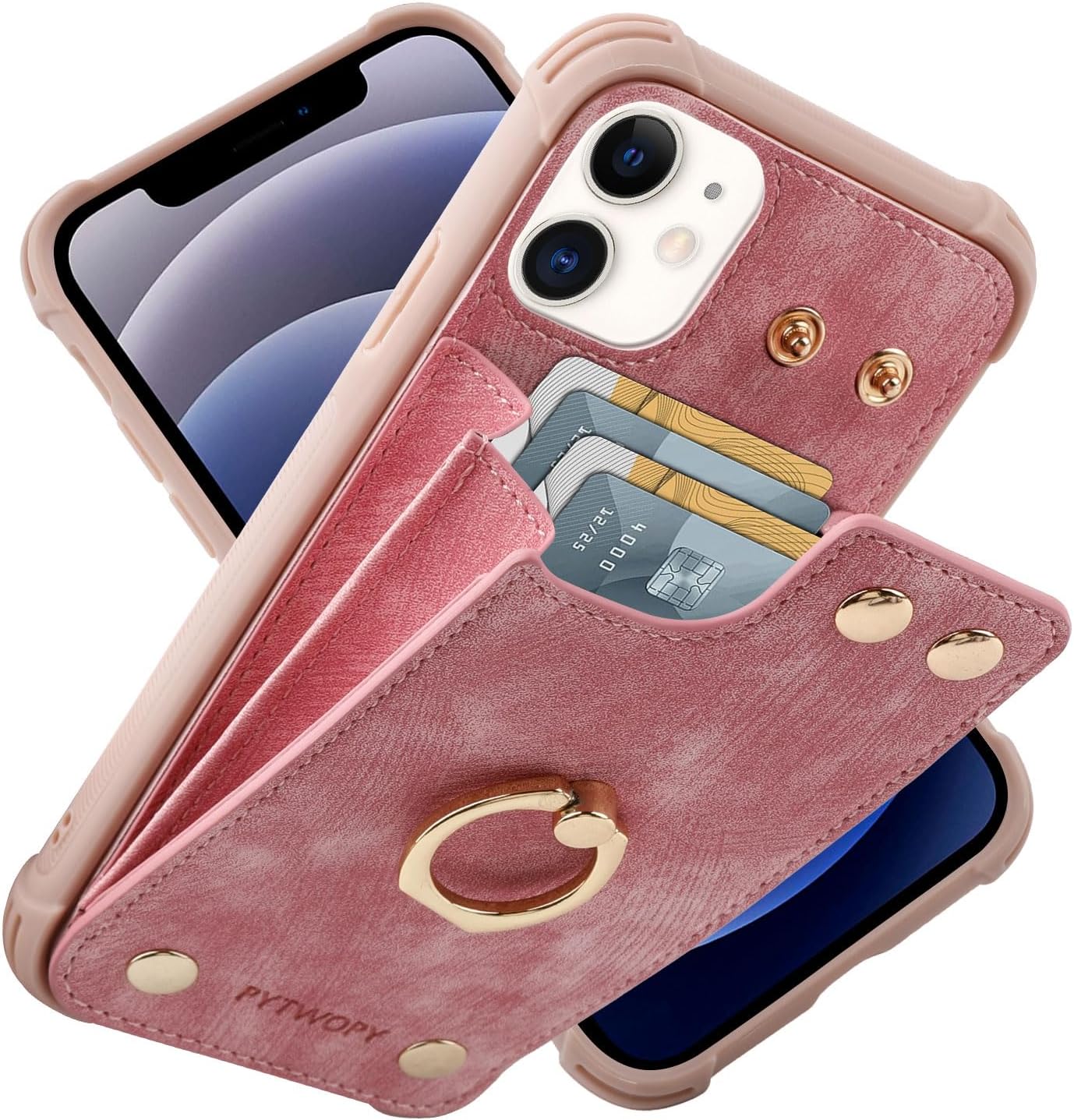 Funda tipo cartera para iPhone 12 Pro12 con tarjetero de crédito, funda protectora de cuero a prueba de golpes compatible con soporte de anillo de