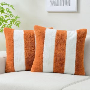 HAUSSY Juego de 2 fundas de almohada de 16 x 16 pulgadas, color naranja y blanco con piel sintética de conejoparte trasera de terciopelo, fundas de HAUSSY Juego de 2 fundas de almohada de 16 x 16 pulgadas, color naranja y blanco con piel sintética de conejoparte trasera de terciopelo, fundas de