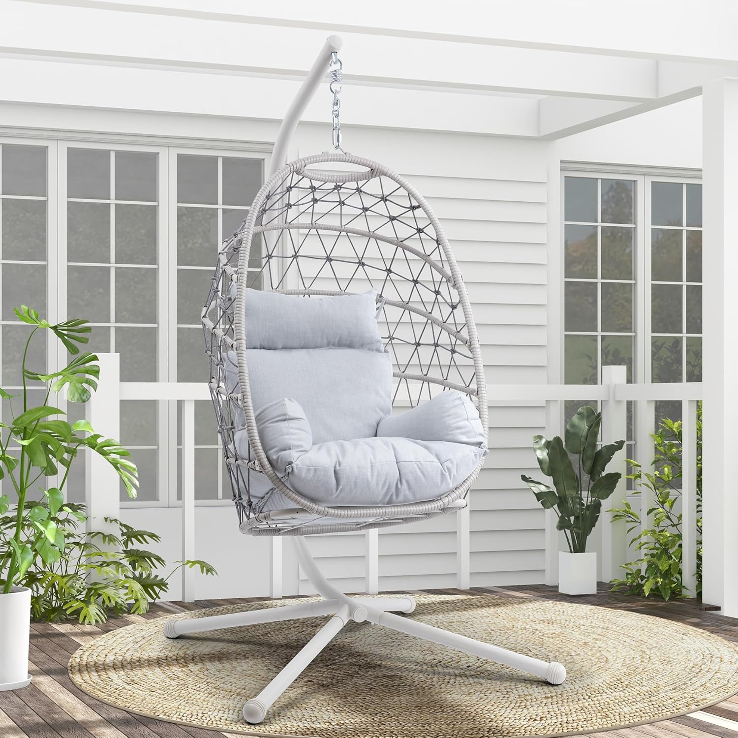 Silla colgante de huevo para exteriores, silla hamaca con soporte para interiores, silla colgante de mimbre bohemia con soporte de 350 libras de