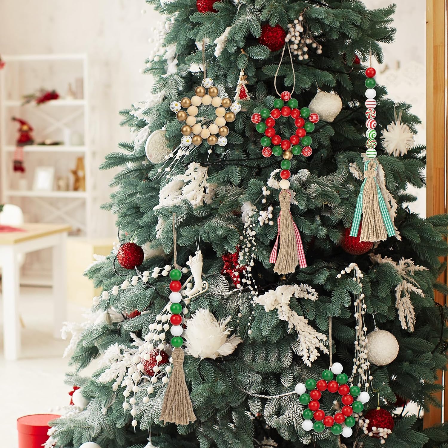 200 cuentas de madera de Navidad, manualidades, cuentas de madera, estampado de estrellas, estampado de nieve, madera roja, verde y dorada, cuentas