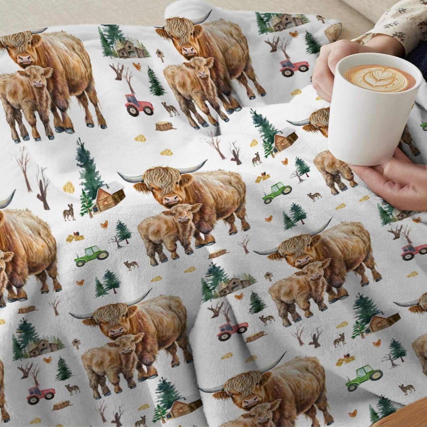 Farm Highland – Manta de regalo de franela de forro polar, ligera, suave, bonita y acogedora para cama, sofá, viajes al aire libre, 40 x 50