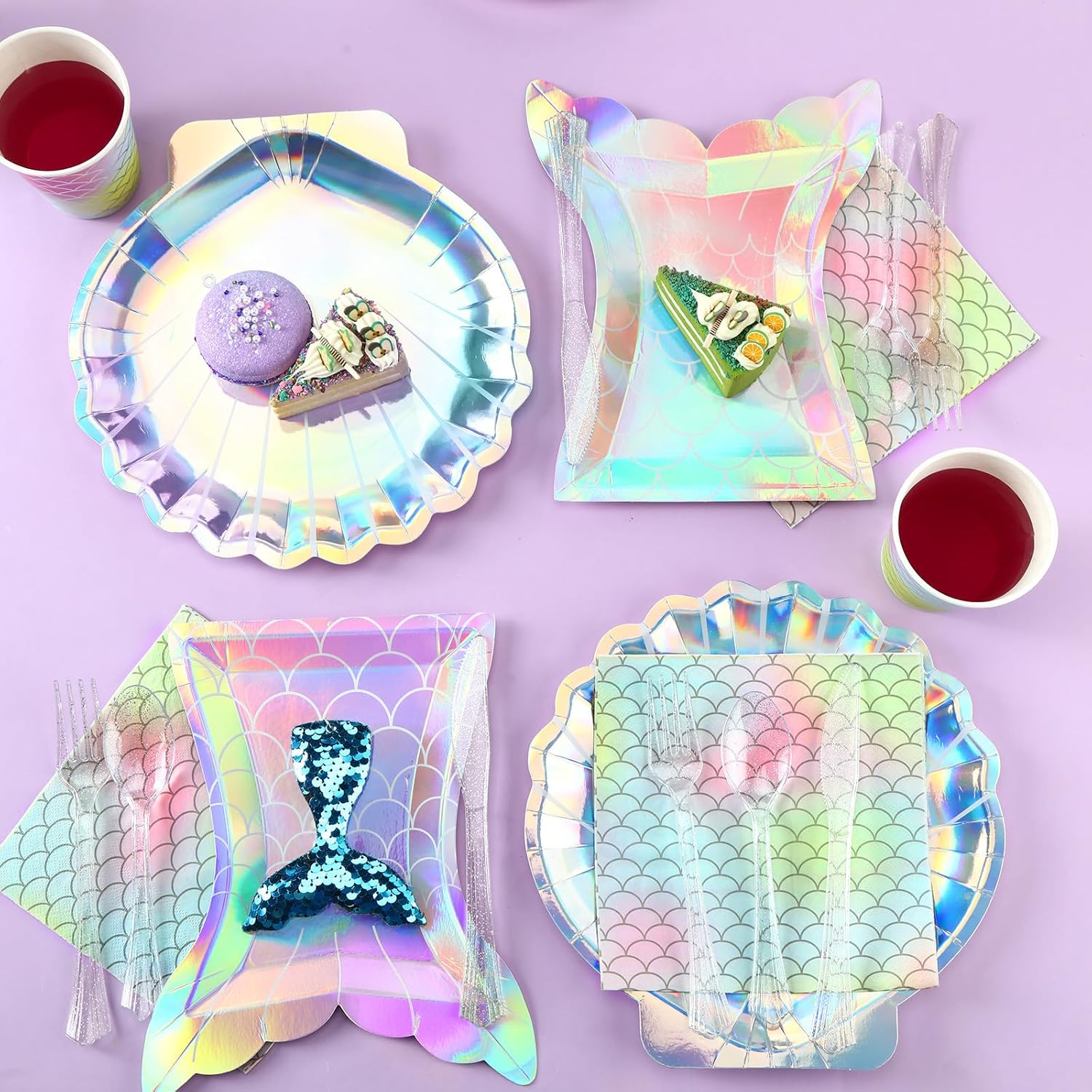 300 piezas de suministros para fiesta temática de sirenas, incluye platos, servilletas, cucharas de plástico, tenedor, cuchillos para baby shower,