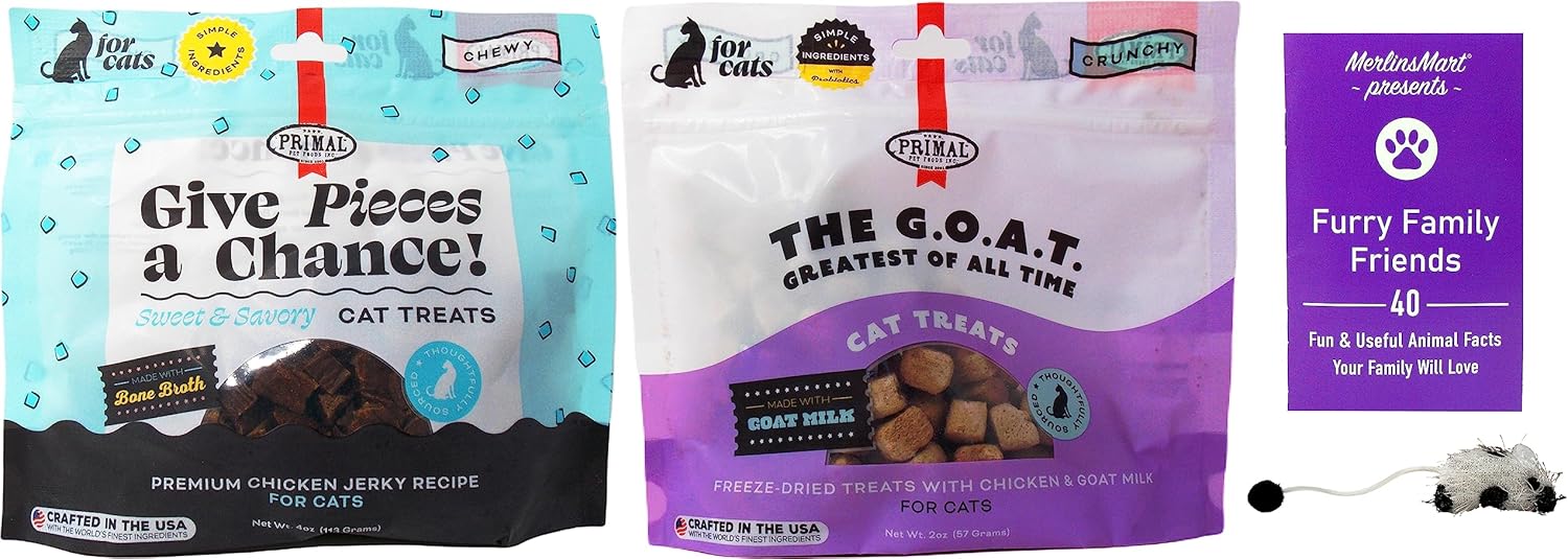 Primal Cat Treats 2 muestras de sabores, (1) cada uno cecina de pollo masticable, leche de cabra de pollo liofilizada (2-4 onzas) – Paquete de