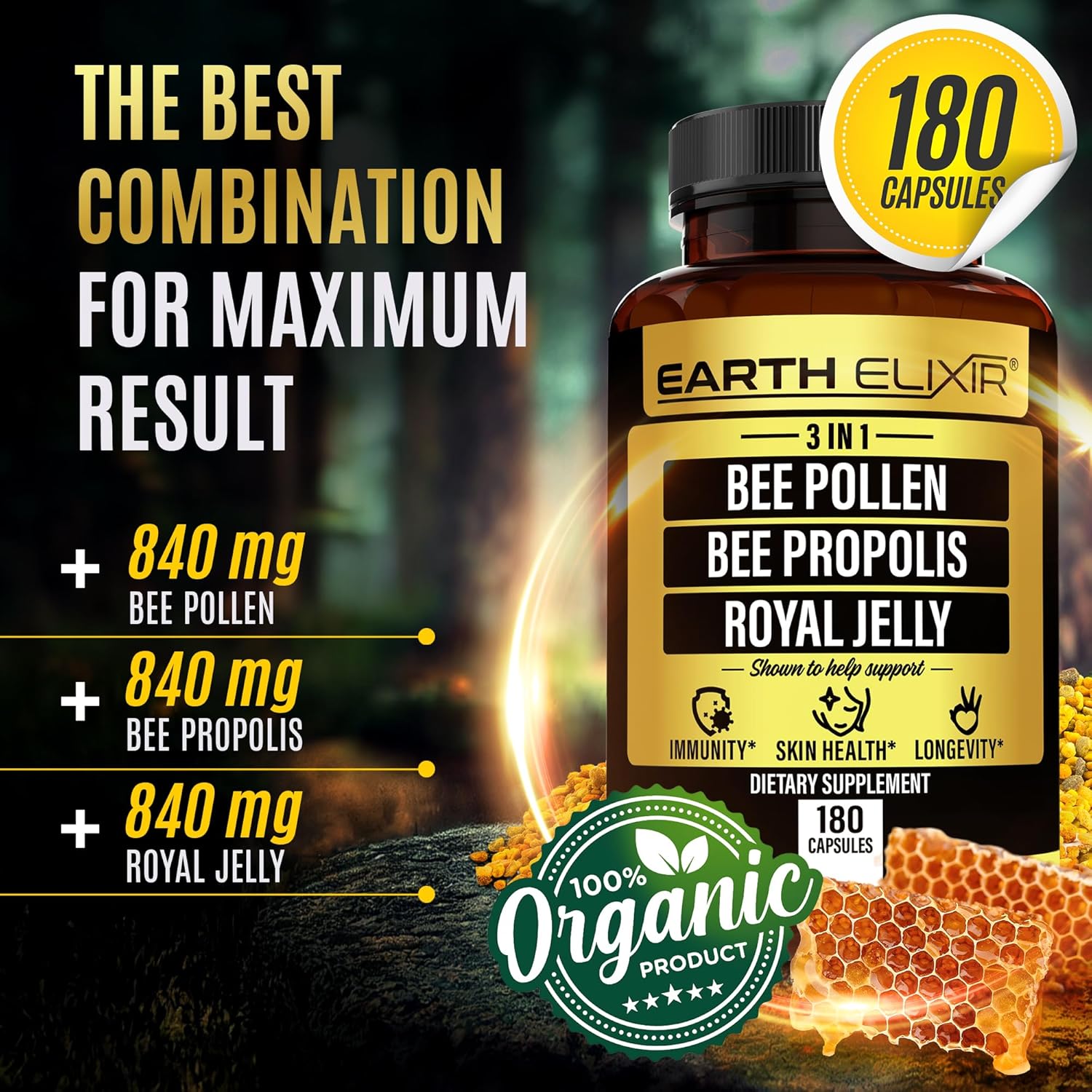 Polen de abeja orgánico 3 en 1 de 1000 mg (180 cápsulas) con cápsula de abeja de 1000 mg y cápsula de jalea real de 1000 mg – Hecho en Estados