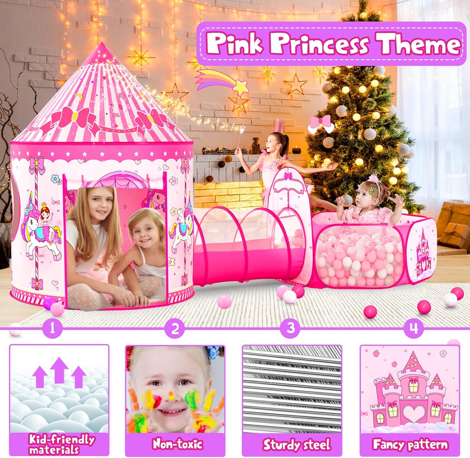 Tienda de campaña de princesa 3 en 1 para niños casa de juegos desplegable para niños pequeños con túnel de gateo, piscina de pelotas y tienda de