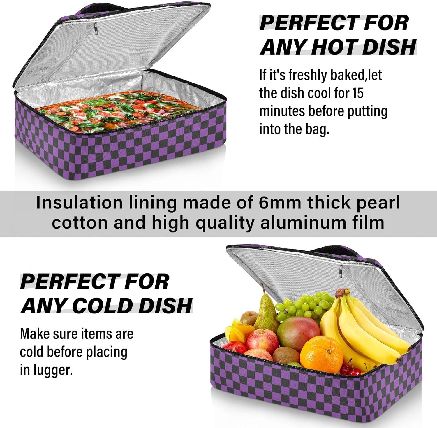 Kcldeci Bolsa aislante para cazuela de ajedrez, color negro y morado, para alimentos calientes o fríos, bolsa térmica para picnic, cocinas, beac