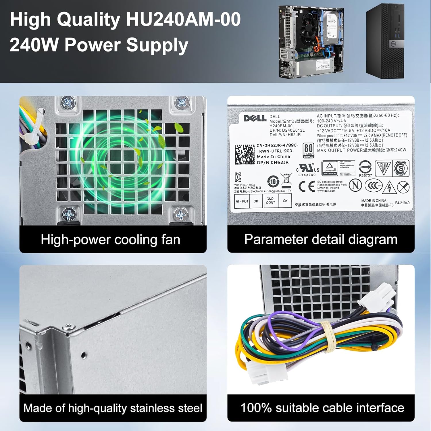 Fuente de alimentación actualizada de 240 W para Dell Inspiron 3650 3656 Optiplex 3040 5040 7040 SFF HU240AM-00 AC240EM-00 L240NM-00 PN THRJK 04GTN5
