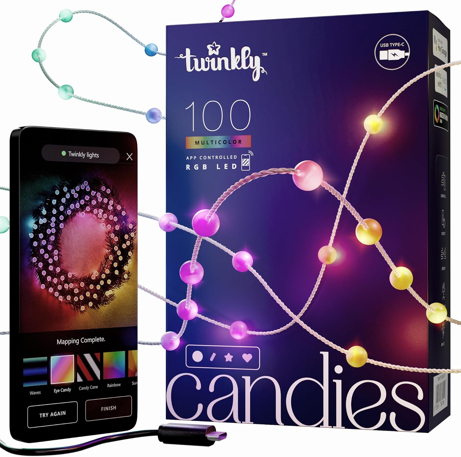 Twinkly Candies – Cadena de luces LED en forma de vela controlada por aplicación, 100 RGB (16 millones de colores) 6 M19.7 pies. Cable transparente.