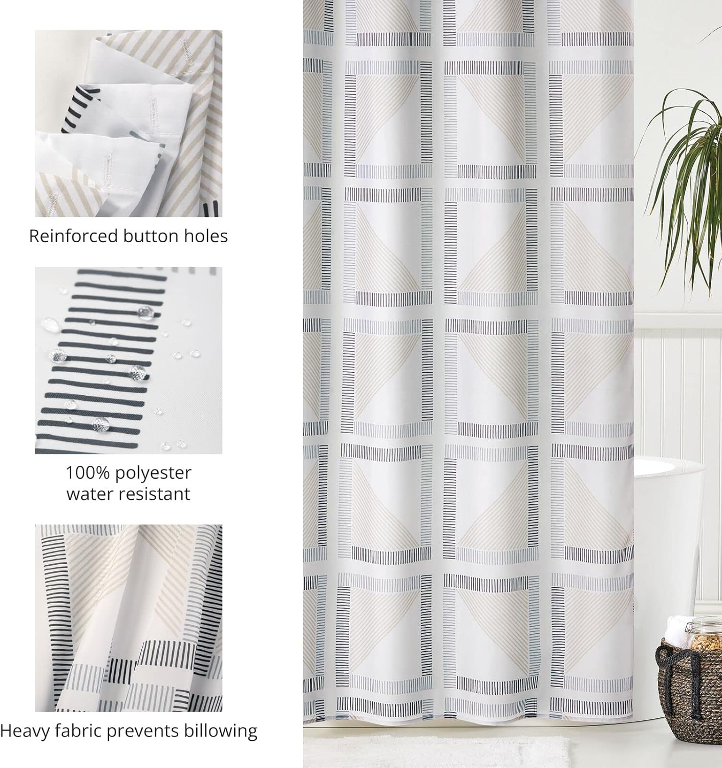 mDesign Cortina de ducha moderna con estampado geométrico de tela de poliéster con ojales reforzados para baño principal y de invitados, lavable a