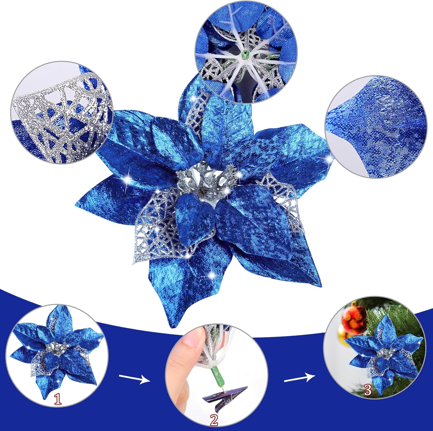 AOKE 16 piezas de flores de Pascua azules artificiales con purpurina para decoración de Navidad con clips, decoraciones grandes de Navidad para