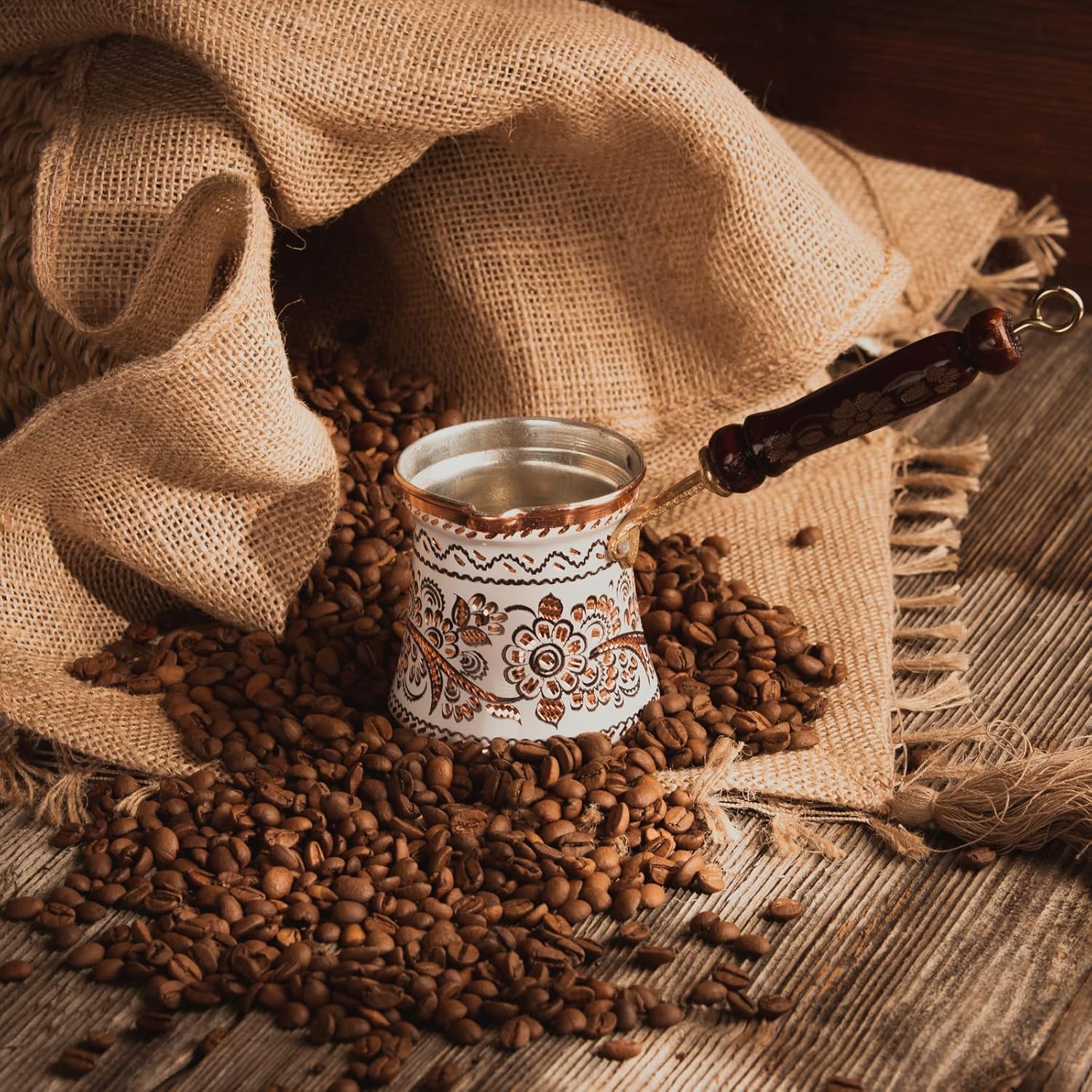 GOLDEN HORN Cezve Ibrik – Cafetera turca de cobre martillada grabada de 10 onzas con mango de madera, cafetera árabe pintada, cafetera griega Briki,