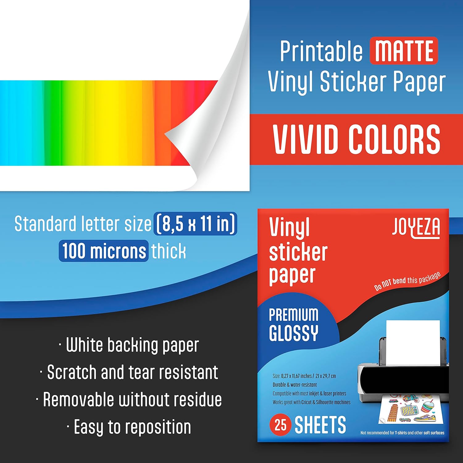 JOYEZA Papel adhesivo de vinilo imprimible de alta calidad para impresora de inyección de tinta, 25 hojas brillantes + 25 hojas translúcidas, blanco