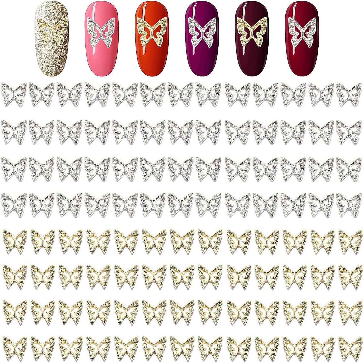 Dijes de mariposa 3D para uñas, 100 piezas de dijes de mariposa para uñas, dijes plateados y dorados para uñas acrílicas, accesorios de arte de uñas