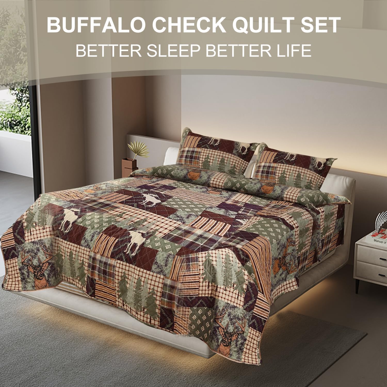 Hailea Juego de ropa de cama de tamaño Queen, colcha rústica de cabaña con alce y oso, colcha de cabaña con funda, suave y ligera, para todas las