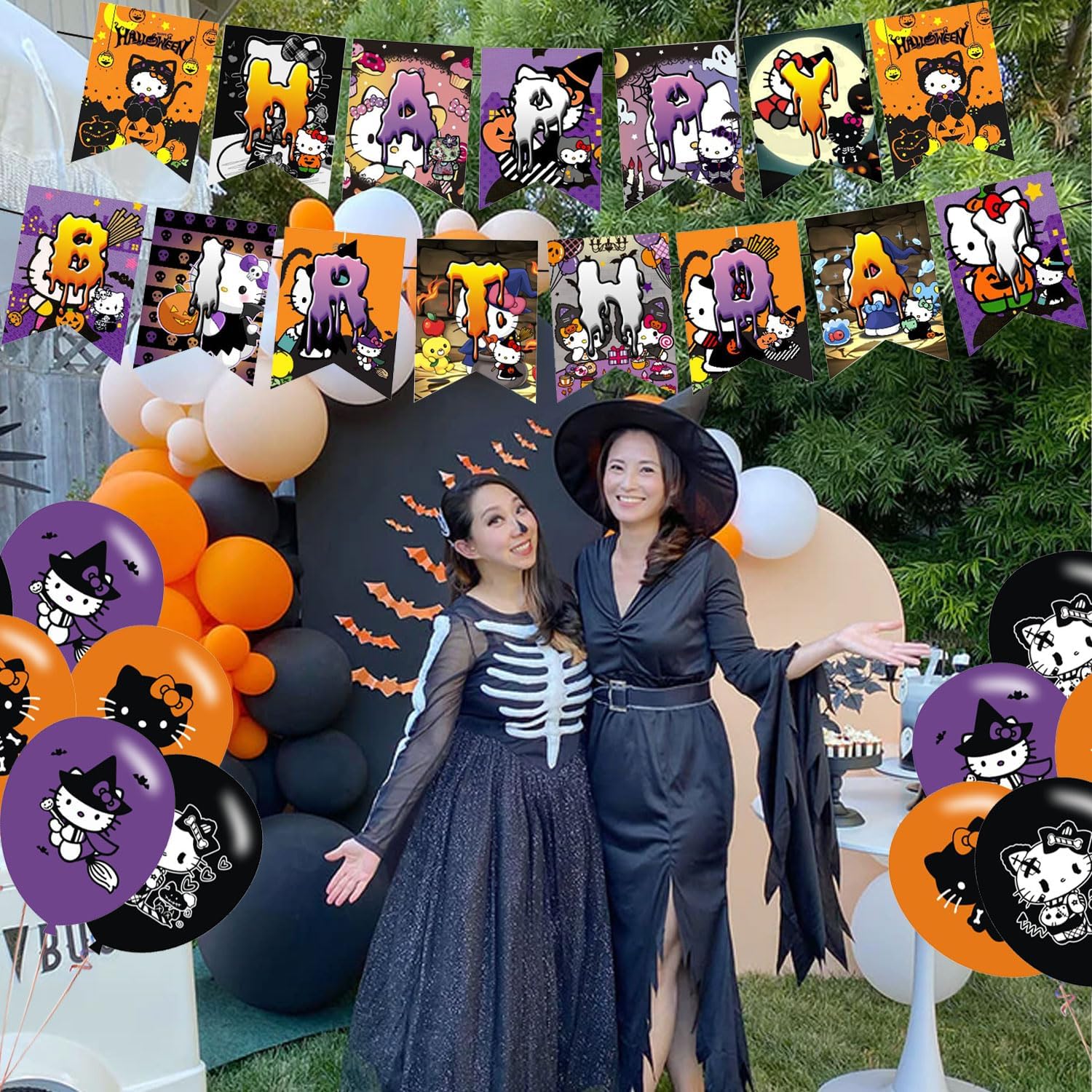 Decoración de fiesta de Halloween, suministros de cumpleaños para Skelebones de Halloween, incluye pancarta, decoración de tarta, 12 adornos para
