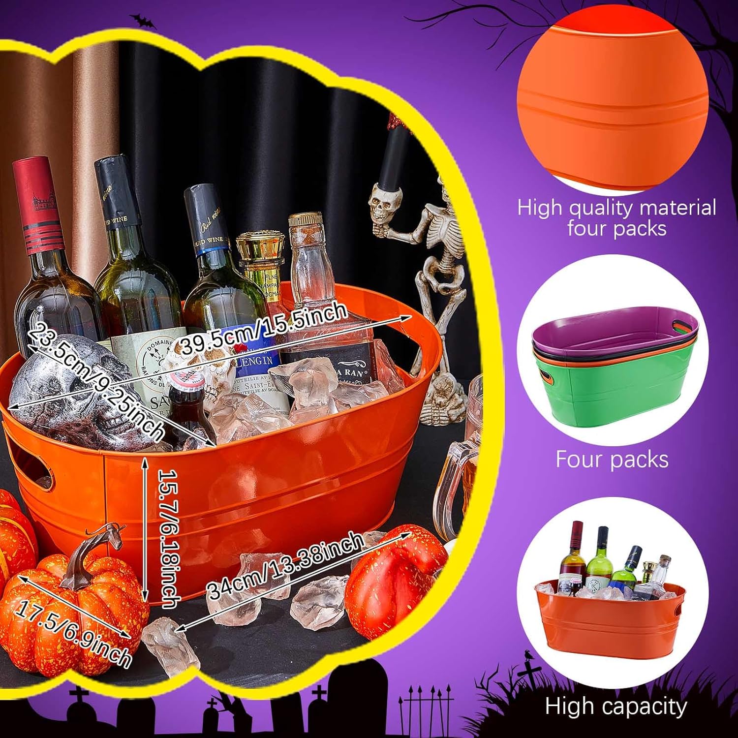 4 cubos de bebidas de Halloween de 4 galones, grandes tinas de hielo para fiestas, recipientes de metal galvanizado para bebidas, cerveza, vino,